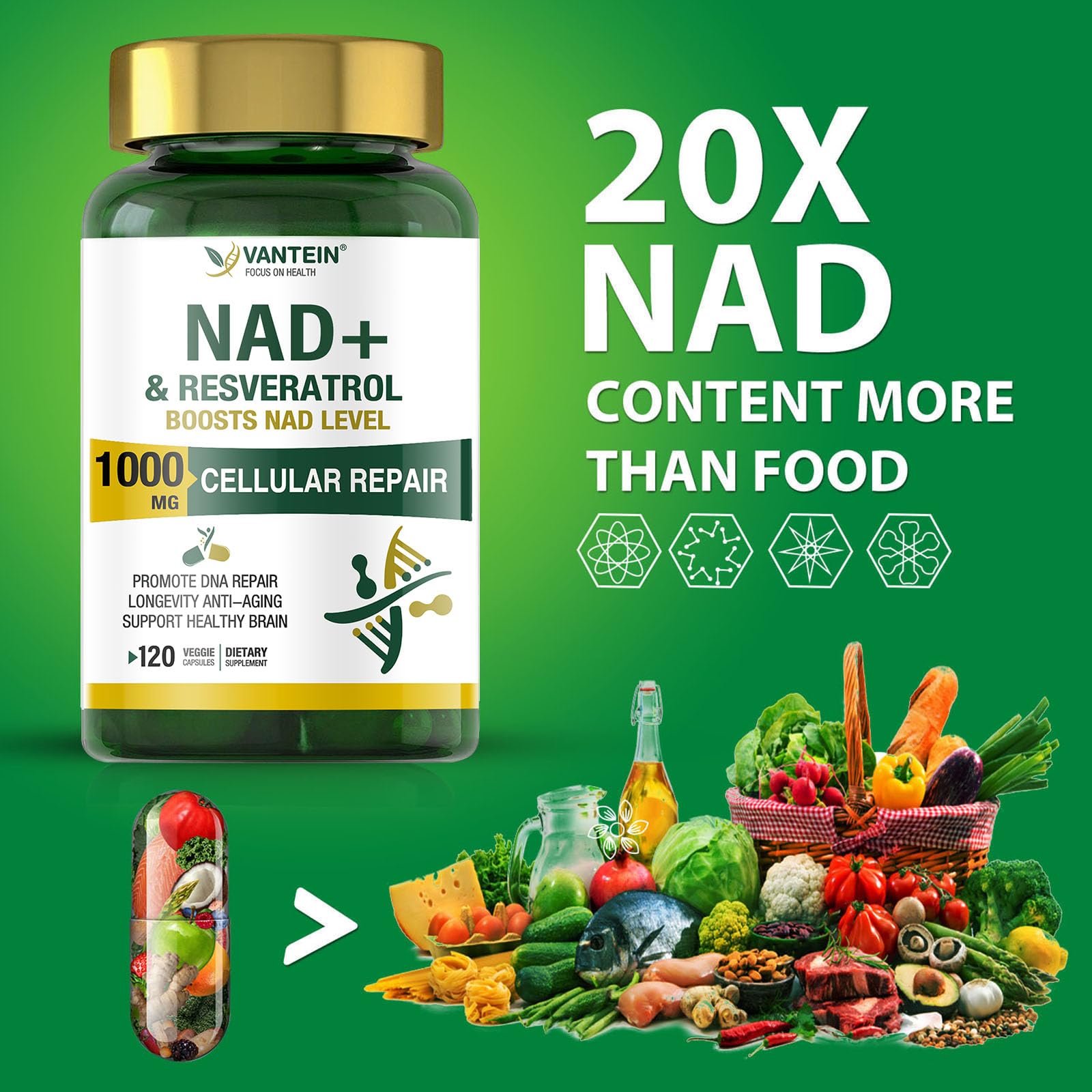 TEATTY NAD+ & Resveratrol Supplement - NMN Alternative with 120 Capsules, Anti-Aging Cellular Support, Energy & Longevity Booster, DNA Repair Formula TEATTYAu supplements
