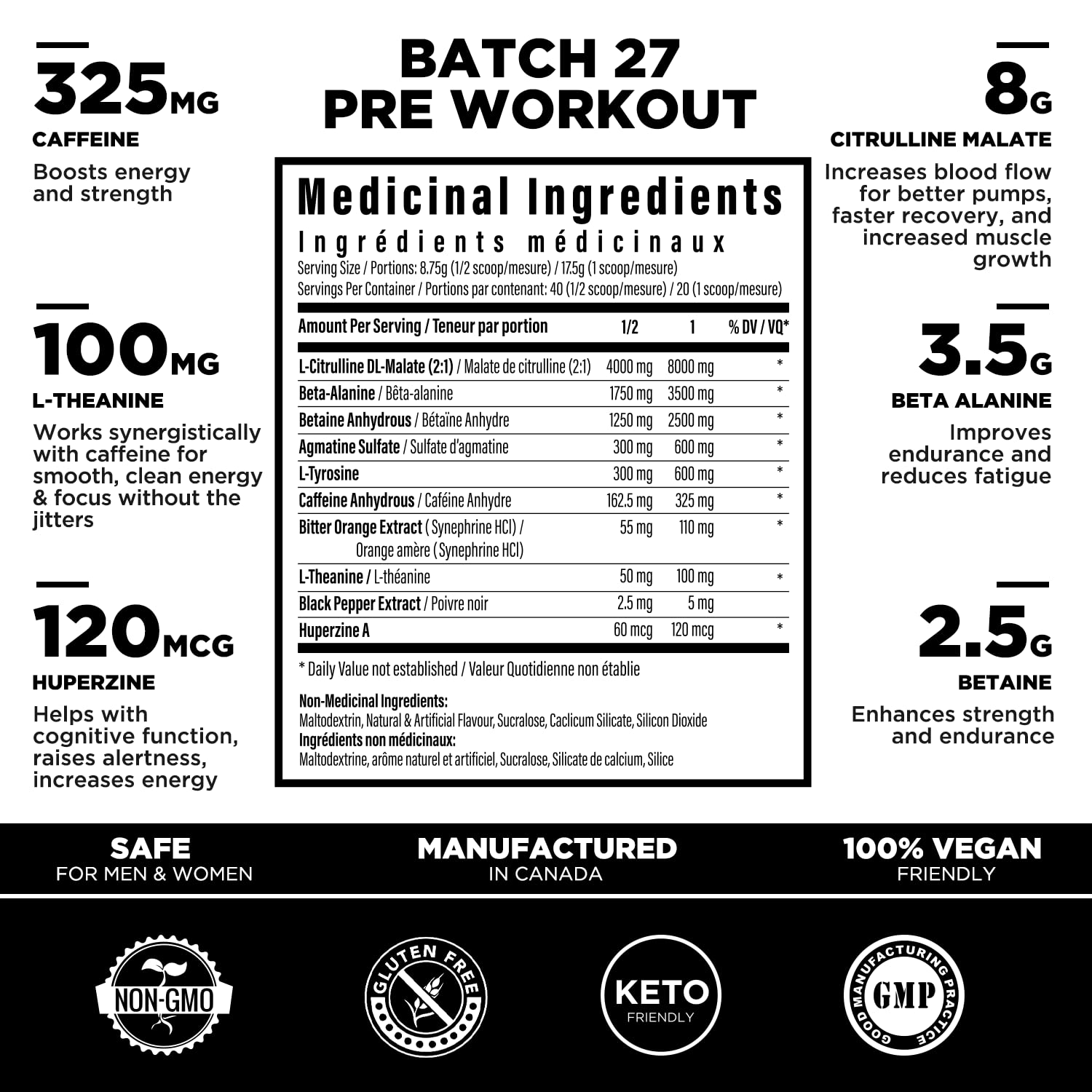 Batch 27 Pre Workout Powder - 8g Citrulline, 3.5g Beta Alanine, 2.5g Betaine, 325mg Caffeine TC NutritionAu supplements
