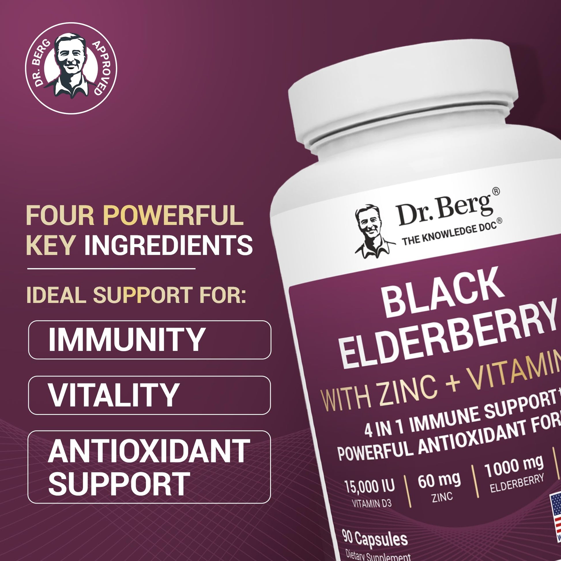 Dr. Berg Black Elderberry Capsules (Advanced Immune Support*) with 15,000 IU Vitamin D, 60 mg of Zinc, & 90 mg of Camu Camu - (4-in-1) Sambucus Elderberry Immune Support Supplement - 90 Capsules Dr. Berg NutritionalsAu supplements