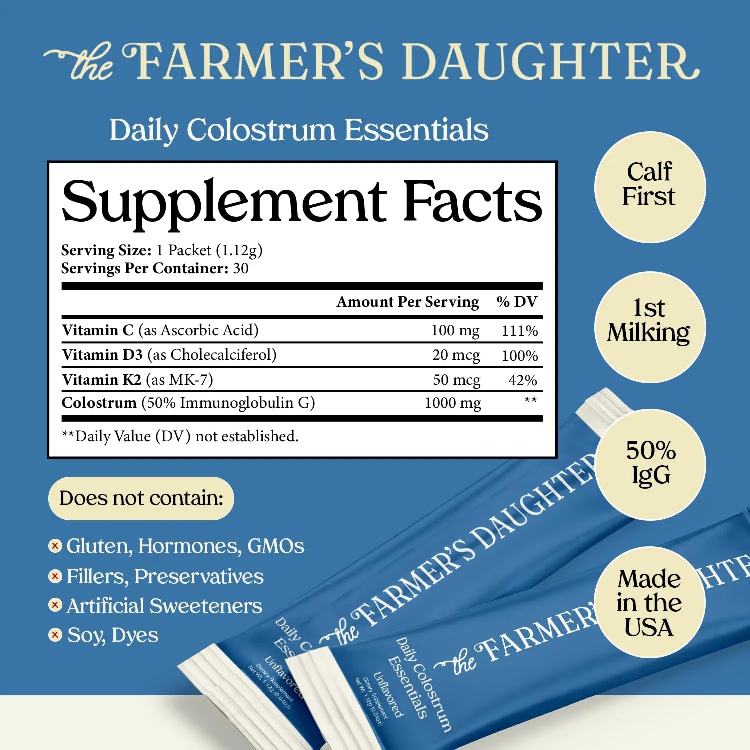 THE FARMER'S DAUGHTER Colostrum Powder | Unflavored | Gut Health & Bloating | Hair, Skin & Nails | Immunity Supplement | 30 Individual Travel Stick Packs THE FARMER'S DAUGHTERnz supplements