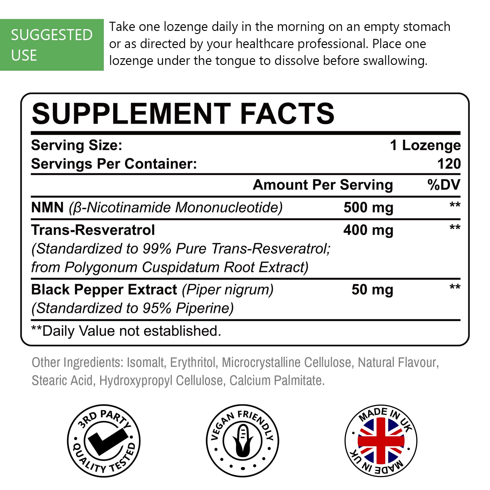 Sublingual NMN 500mg + Trans-Resveratrol 400mg, 3-in-1 Advanced Formula 99% Pure NMN Resveratrol Supplement for Boost* NAD, Cell, Immune, Energy & Muscle, Anti-Aging, 120 Lozenges (120-Day Supply) AscuoliAu supplements