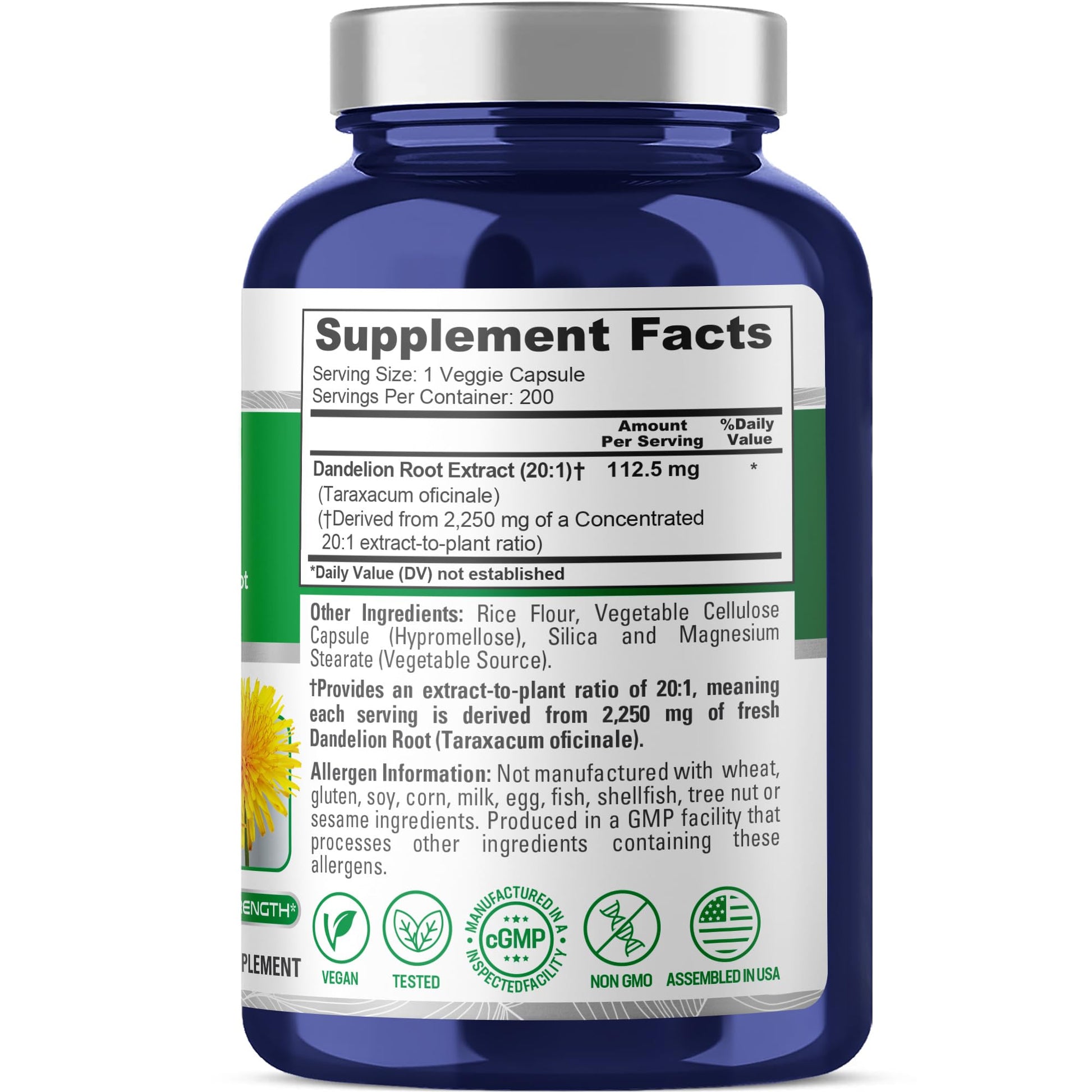 NusaPure Dandelion Root 20:1 Extract, 112.5 mg Equivalent to 2,250 mg 200 Veggie Capsules (Non-GMO, Vegan) NusaPureAu supplements