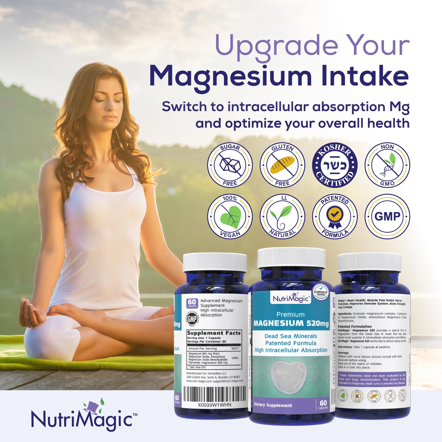NutriMagic 520mg Patented High Absorption Elemental Magnesium from Oxide, Dead Sea Minerals Complex (1 Bottle, 2-Month Supply (60 Capsules)) NutriMagicAu supplements