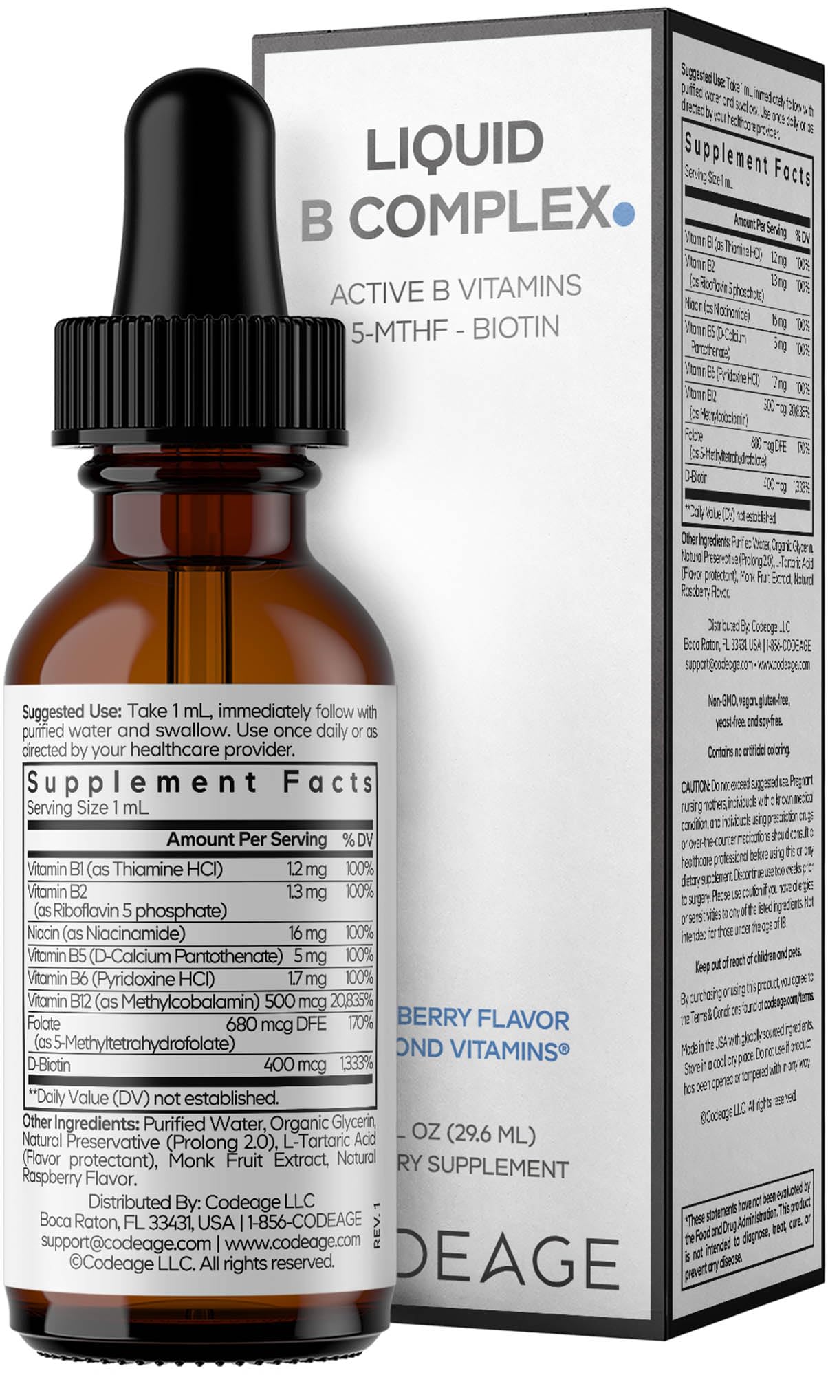 Codeage Liquid B-Complex Supplement with 8 Forms of Vitamin B - Vitamin Thiamine B1, Riboflavin B2, B3, B5, B6, Biotin B7, Active Methylated B9 Folate & B12 - Raspberry Flavor - Non-GMO - 1 fl oz CodeageAu supplements