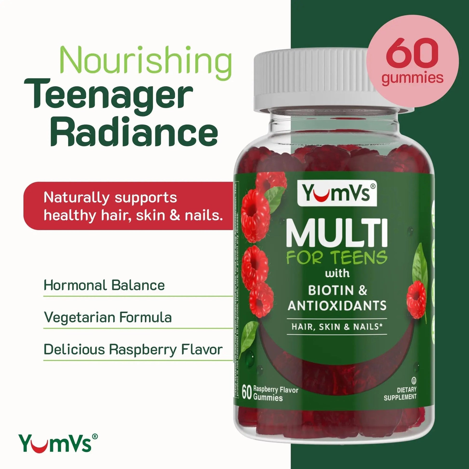 YumVs Teen Multivitamin Gummies with Biotin and Antioxidants - Raspberry Flavor - Hair Skin Nails Support - Kosher Teenager Vitamins YUM-V'SAu supplements