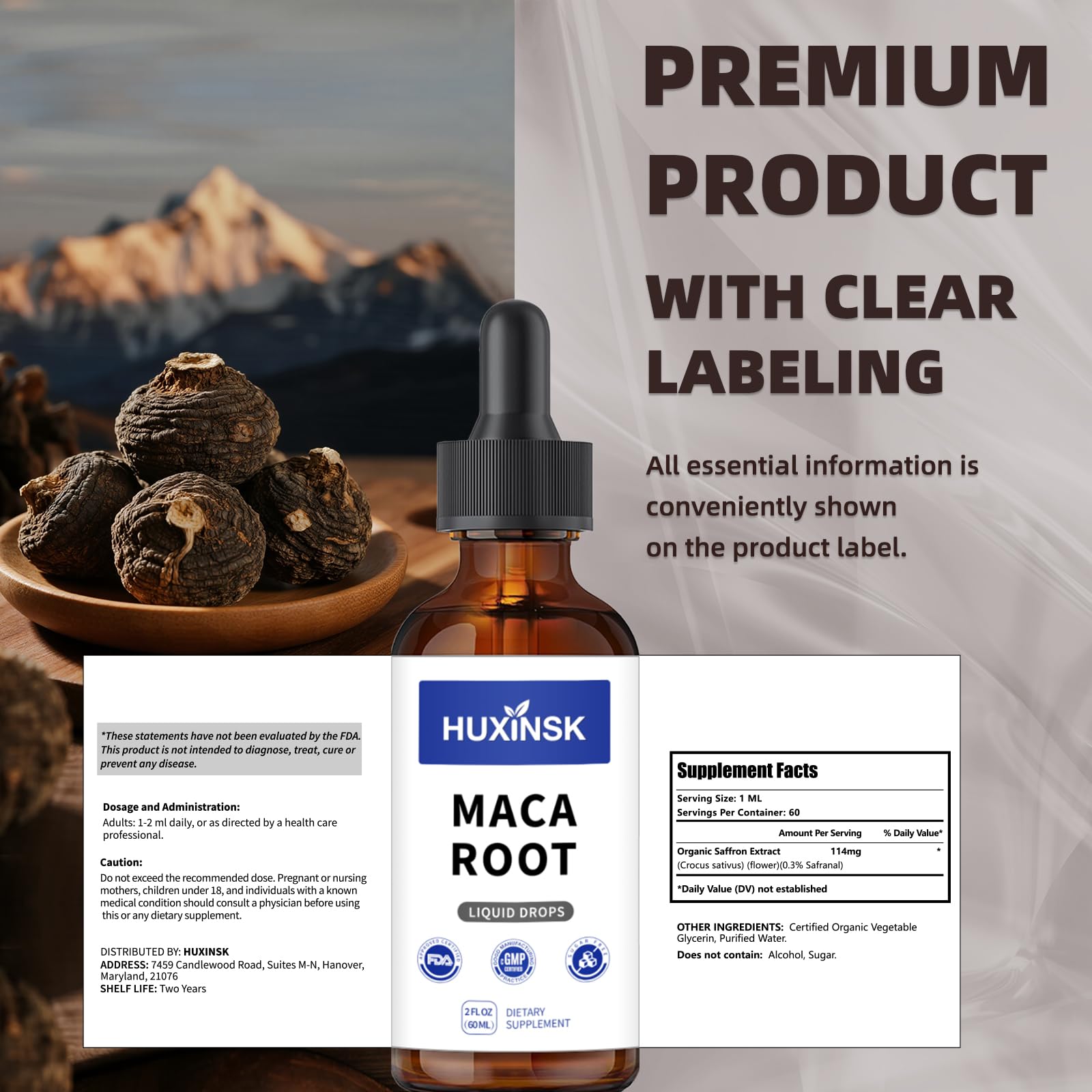Maca Root Liquid Drops Extract | Peruvian Black & Red Blend | Natural Energy & Hormone Balance | Alcohol-Free, 60ml Vegan Tincture HUXINSKAu supplements