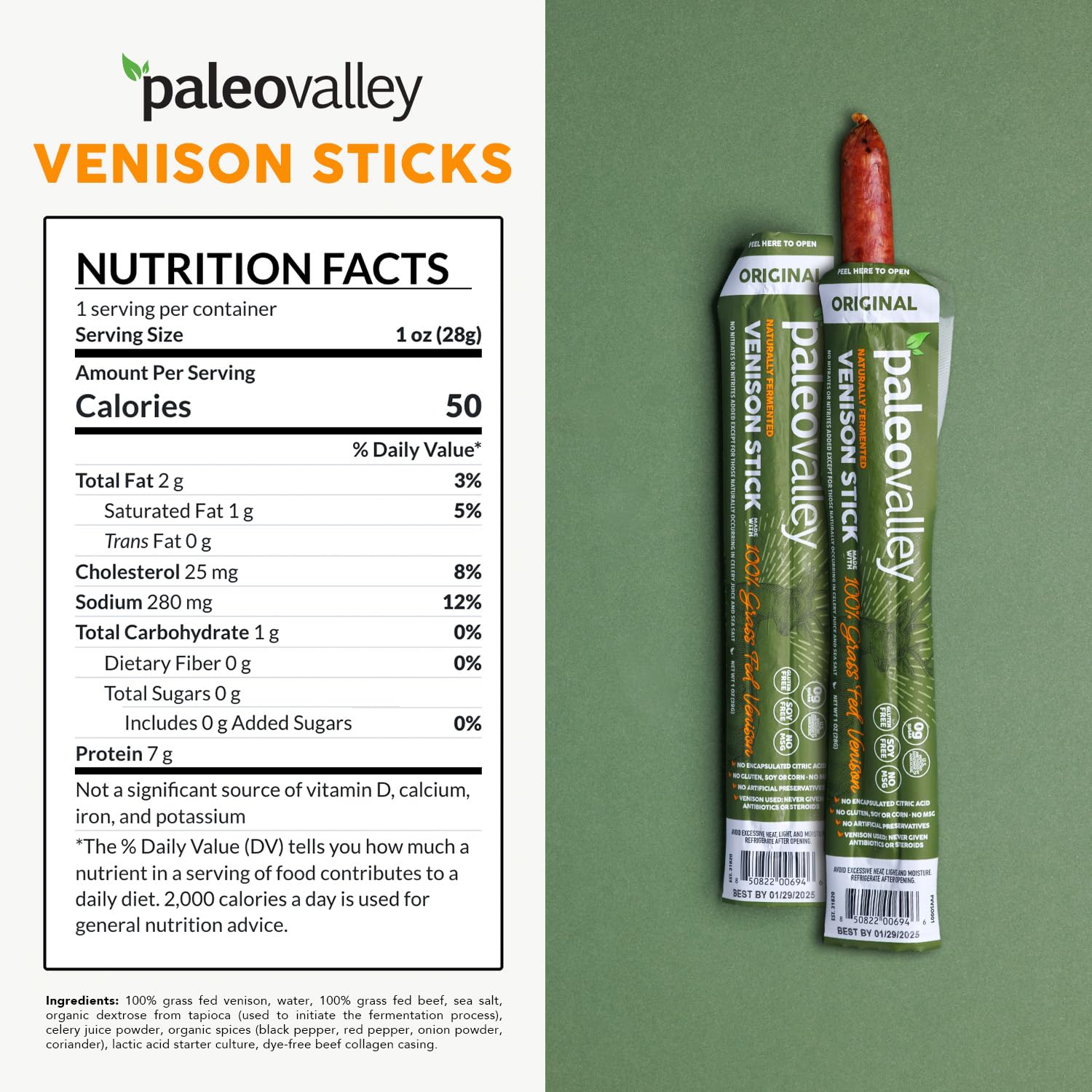 Paleovalley 100% Grass Fed Venison Sticks – 10 Pack – Keto-Friendly, High Protein, Low-Calorie Snack – Omega-3 Rich, Gluten-Free, Nitrate-Free, Naturally Flavored – Healthy On-the-Go Meat Snack PaleovalleyUS supplements