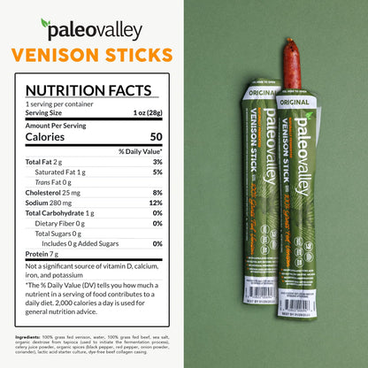 Paleovalley 100% Grass Fed Venison Sticks – 10 Pack – Keto-Friendly, High Protein, Low-Calorie Snack – Omega-3 Rich, Gluten-Free, Nitrate-Free, Naturally Flavored – Healthy On-the-Go Meat Snack PaleovalleyUS supplements