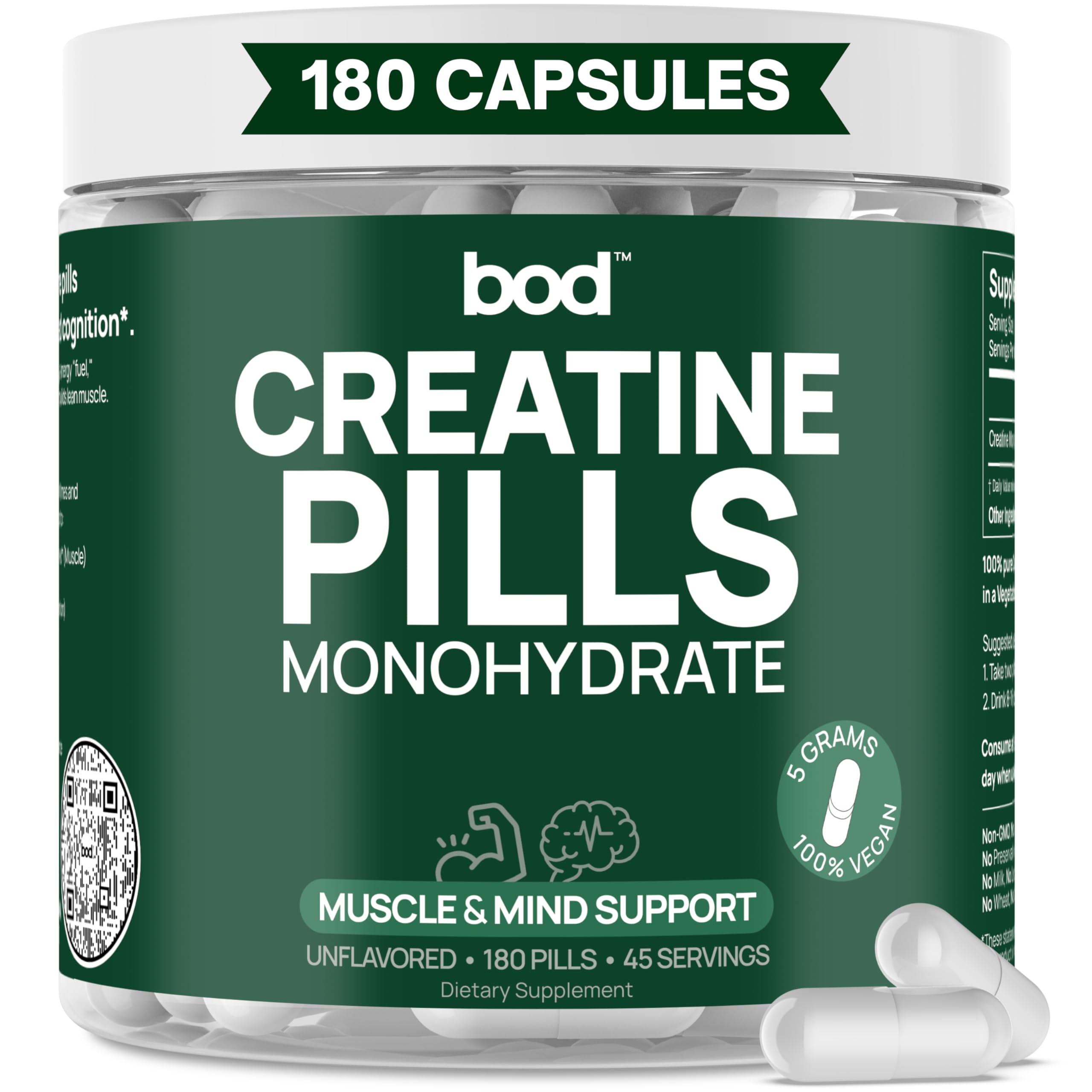 BOD Creatine Monohydrate Capsules – 45 Servings (4 Capsules = 5 g) – Ultra-Pure 200 Mesh Creatine Monohydrate – Strength, Power, Muscle Growth & Recovery BodAu supplements