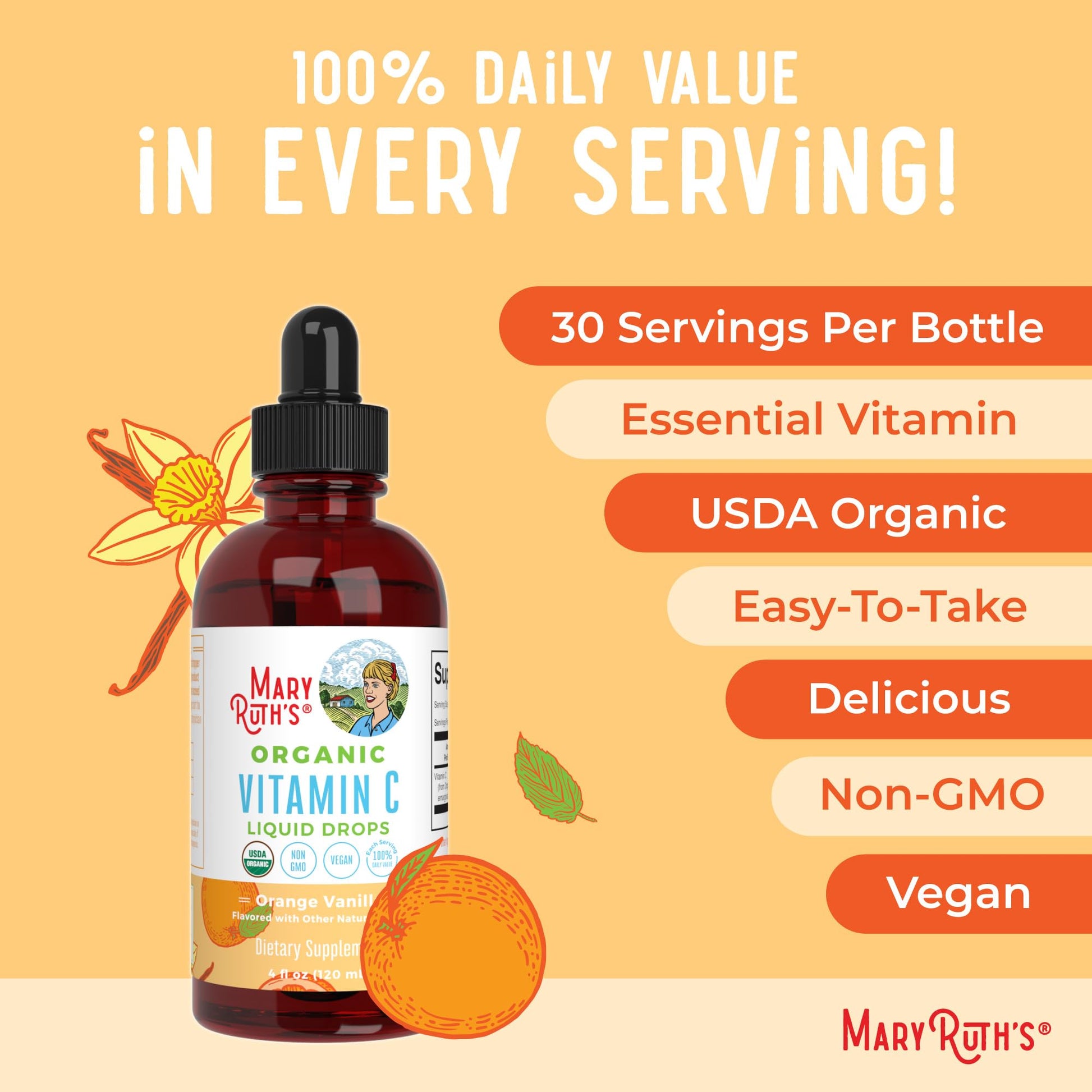MaryRuth Organics Organic Vitamin C Supplement | Liquid Vitamin C Liquid Drops for Adults & Kids | Immune Support Supplement for Overall Health | Vegan | Non-GMO | Gluten Free | 4 Fl Oz MARYRUTH'SUS supplements