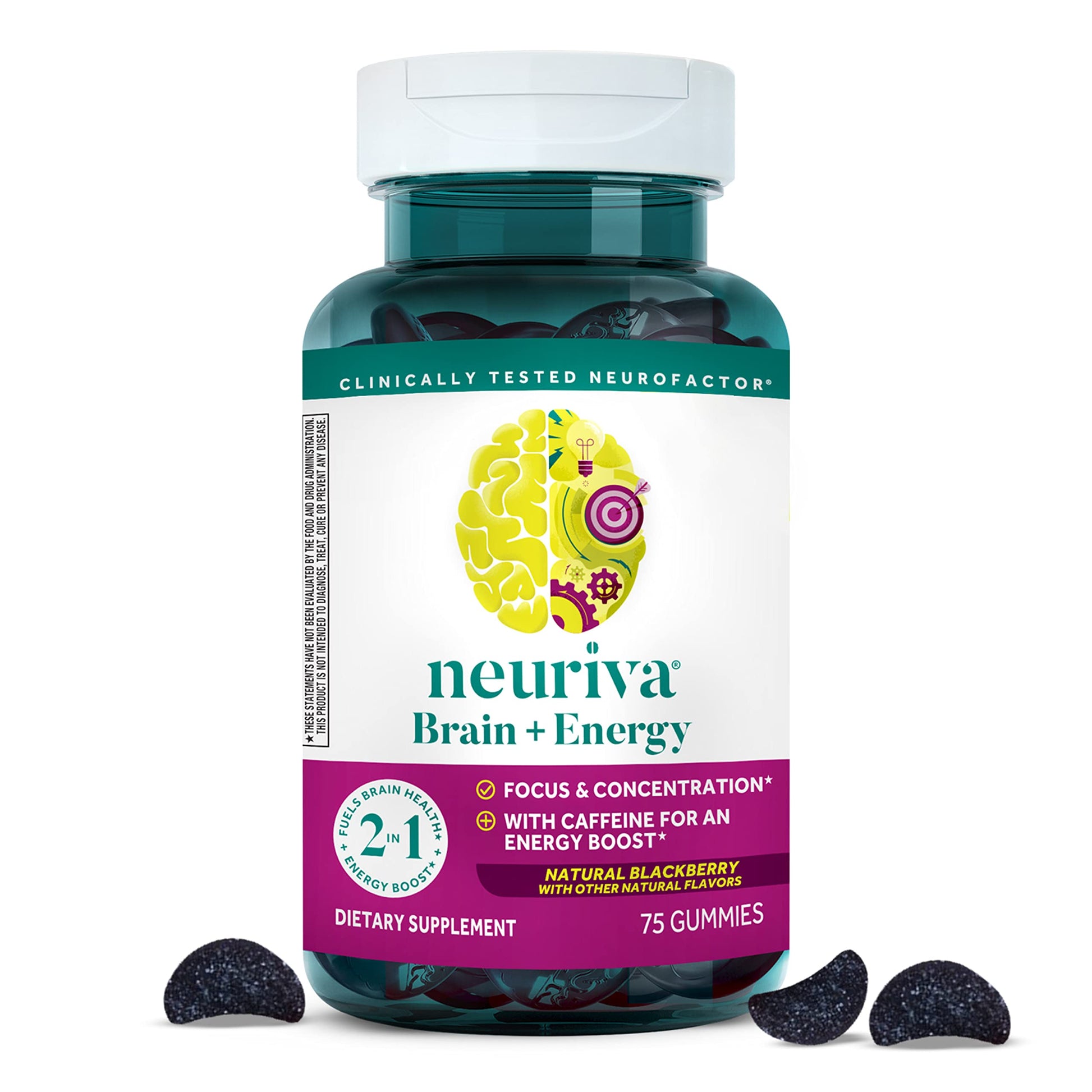 NEURIVA Brain + Energy Gummies, Nootropic Brain Supplements for Focus and Concentration with Neurofactor, Vitamin B12 & Caffeine for an Energy Boost*, 75ct Natural BlackBerry NEURIVAAu supplements