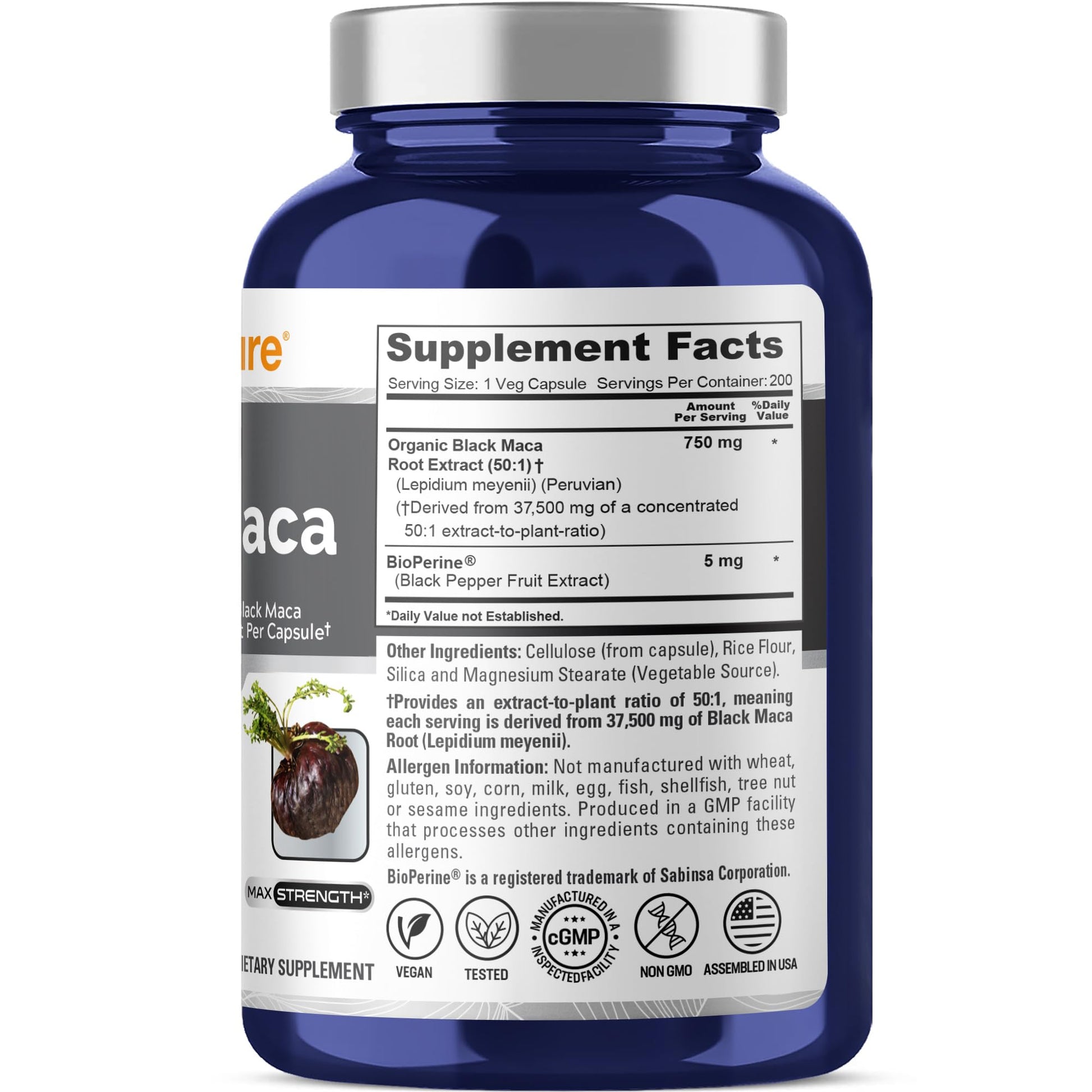 NusaPure Peruvian Black Maca Root Extract 50:1 - Suitable for Vegetarian/Vegan, Non - GMO - 37500 mg - 200 Capsules NusaPureAu supplements