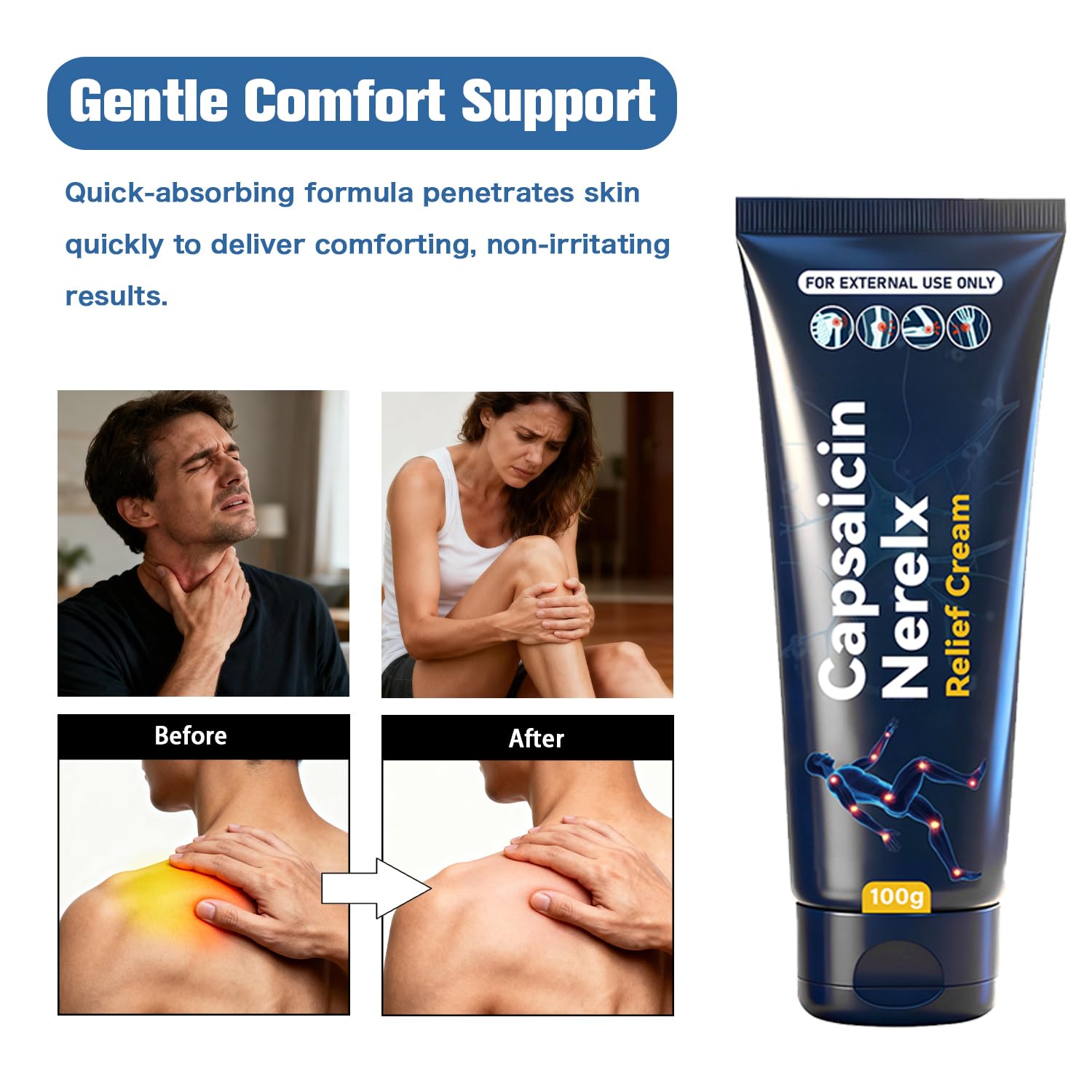 Capsaicin Nerex Relief Cream with Arnica, Menthol, MSM and Glucosamine for Body Joint Areas, Feet, Hands, Legs, Muscles, Joints, and Waist, 100g (2PACKS) bigyuanAu supplements