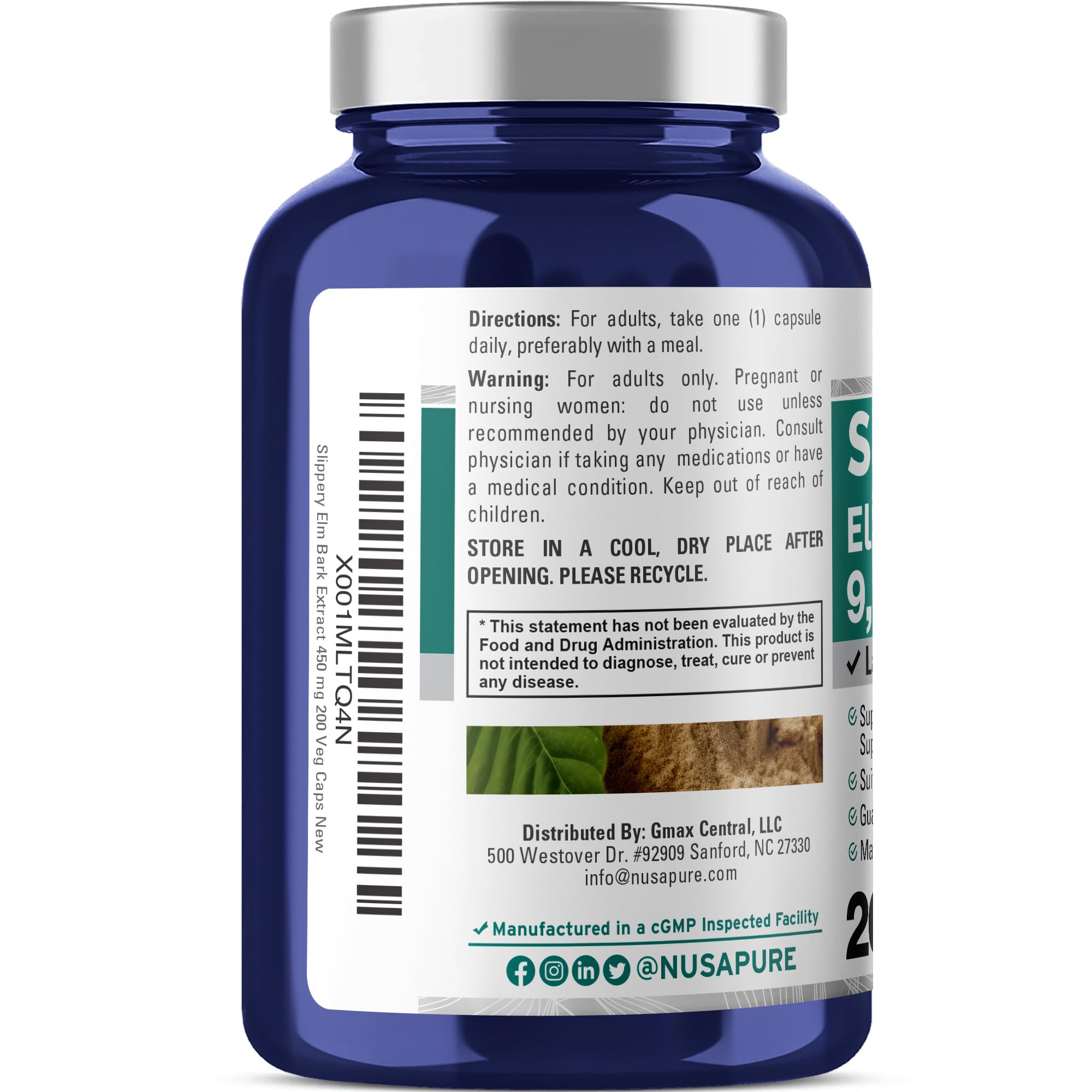NusaPure Slippery Elm Bark 20:1 Extract, 450 mg Equivalent to 9,000mg 200 Veggie Capsules (Non-GMO, Vegan) NusaPureAu supplements