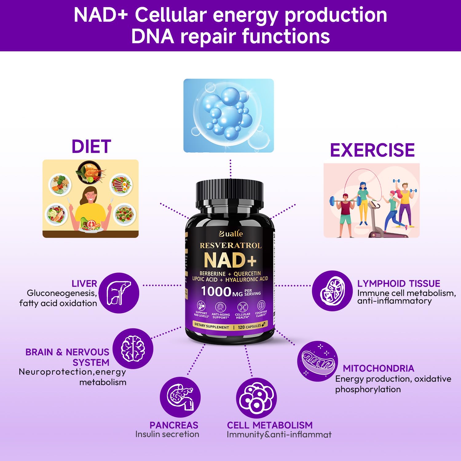 Bualle NAD Supplement, Liposomal NAD Resveratrol Supplement Contains Berberine, Alpha Lipoic Acid,Hyaluronic Acid & Quercetin - Joint Function& Support Anti-Aging,NMN Alternative -120 Capsules BualleAu supplements