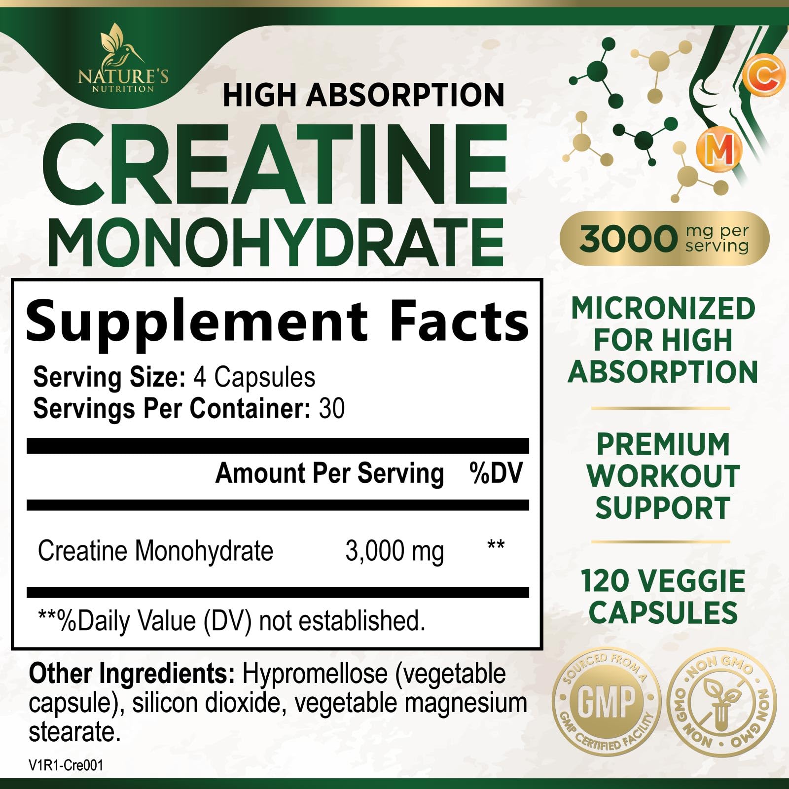 Creatine Monohydrate Capsules 3000mg Per Serving – Micronized Creatine Powder - Supports Lean Muscle, Strength, Energy, & Endurance - Nature's Supplement, Non-GMO, Bottled in USA - 120 Capsules Nature's NutritionAu supplements