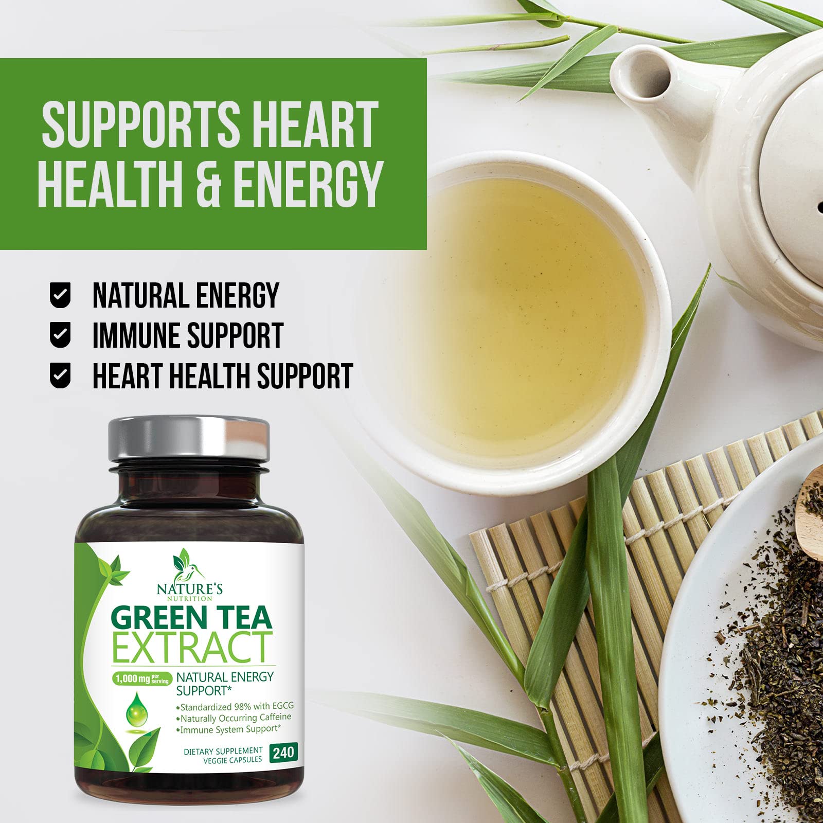 Green Tea Extract Capsules 1000mg 98% Standardized EGCG - 3X Strength for Natural Nature's NutritionAu supplements