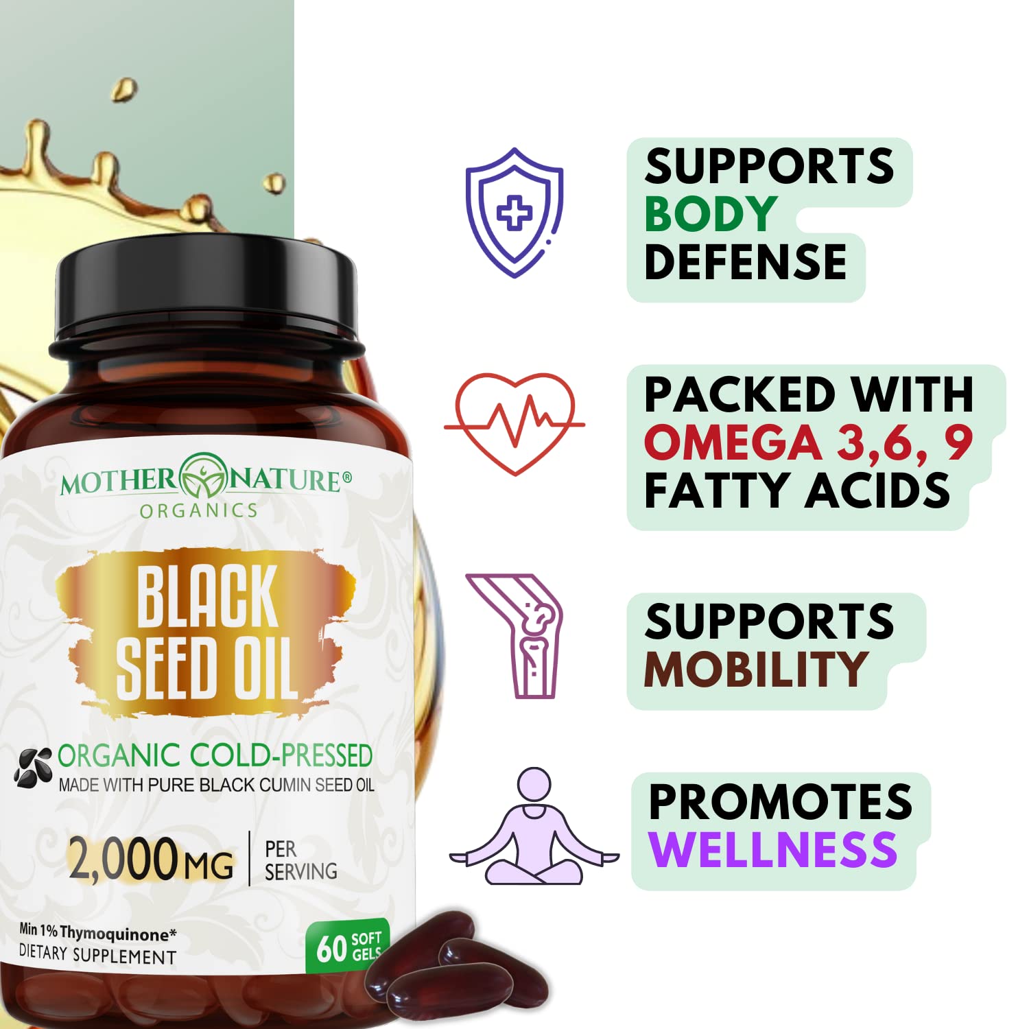 Organic Black Seed Oil 2000mg - 60 Softgel Capsules (Non-GMO) Premium Cold-Pressed Mother Nature Organics Superfoods for Organic LivingAu supplements