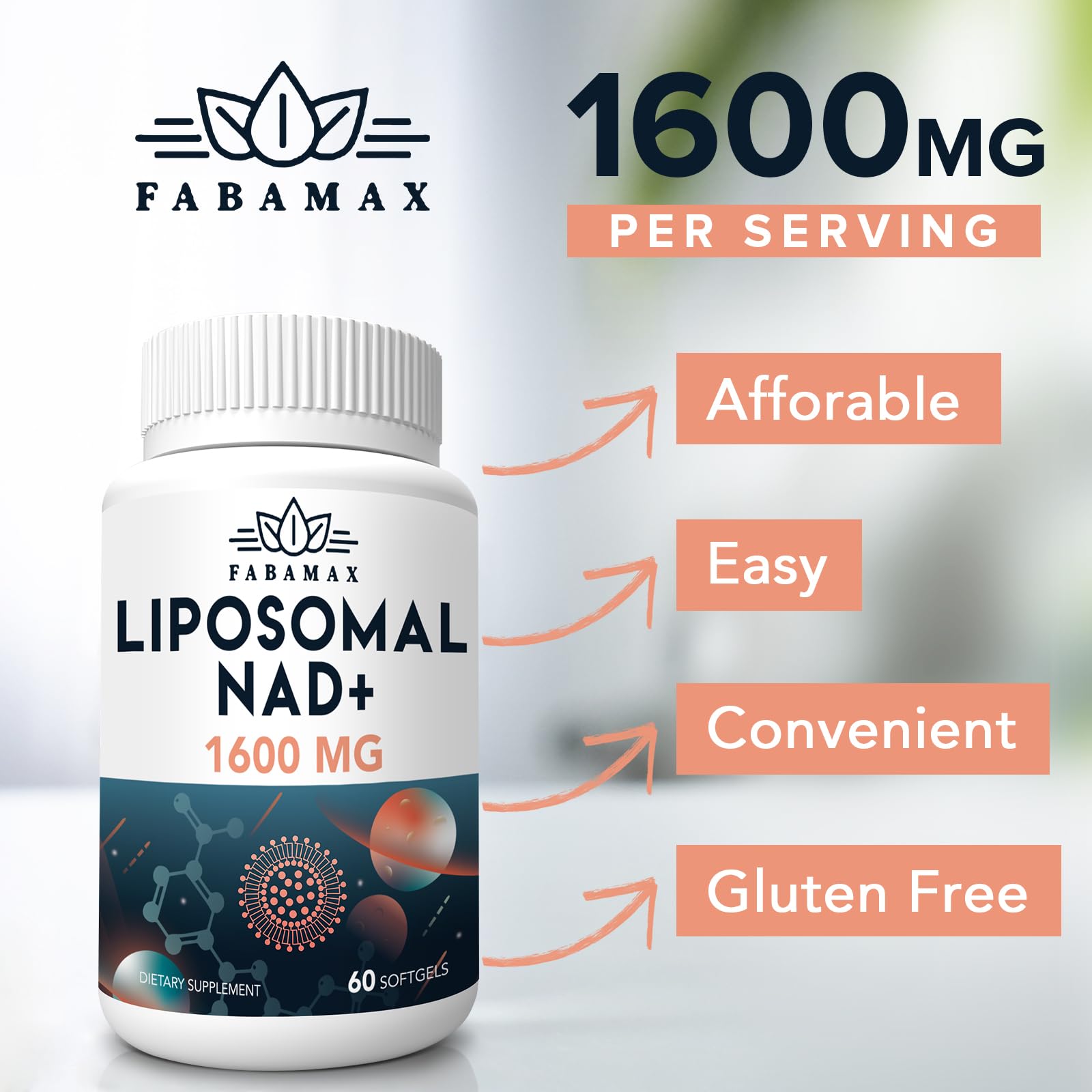 Fabamax 1600 mg Liposomal NAD Supplement, 98% Pure NAD+ Supplement, Superior Absorption, Alternative to Nicotinamide Riboside or NADH to Boost NAD+ for Aging Defense, Energy, Longevity, 120 Softgels FabamaxAu supplements