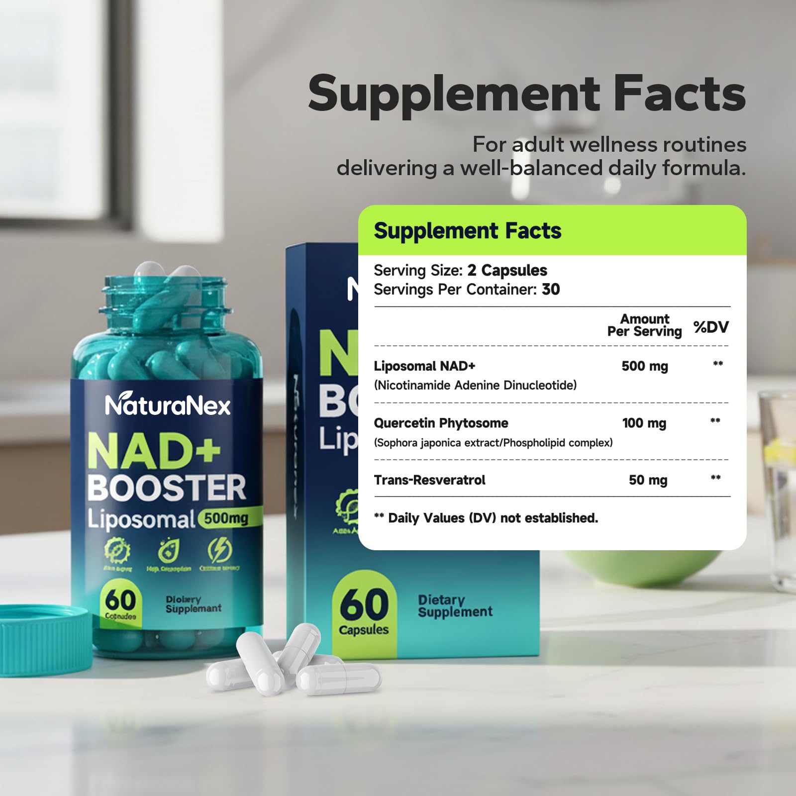 NaturaNex NAD+ Supplement 650mg (60 Capsules), Liposomal NAD+ with Resveratrol & Quercetin, Third-Party Tested, NMN Supplement Alternative NaturaNexAu supplements