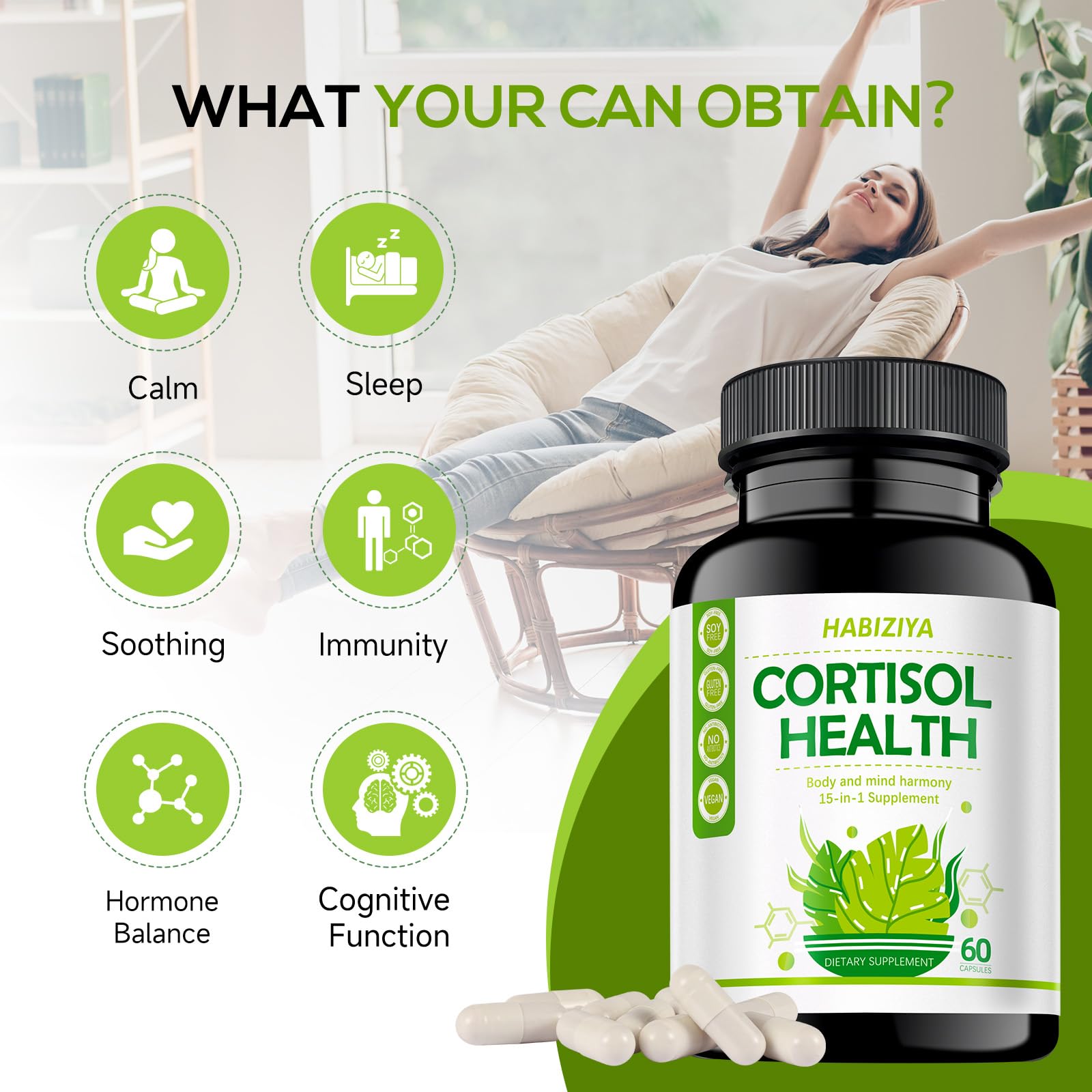 HABIZIYA Cortisol Support Supplement with Magnesium Glycinate, L-Theanine, Ashwagandha, Phosphatidylserine,Rhodiola Rosea 15-in-1 Hormone Balance for Women Men Mood, Focus, Sleep Support 60 Capsules HABIZIYAAu supplements