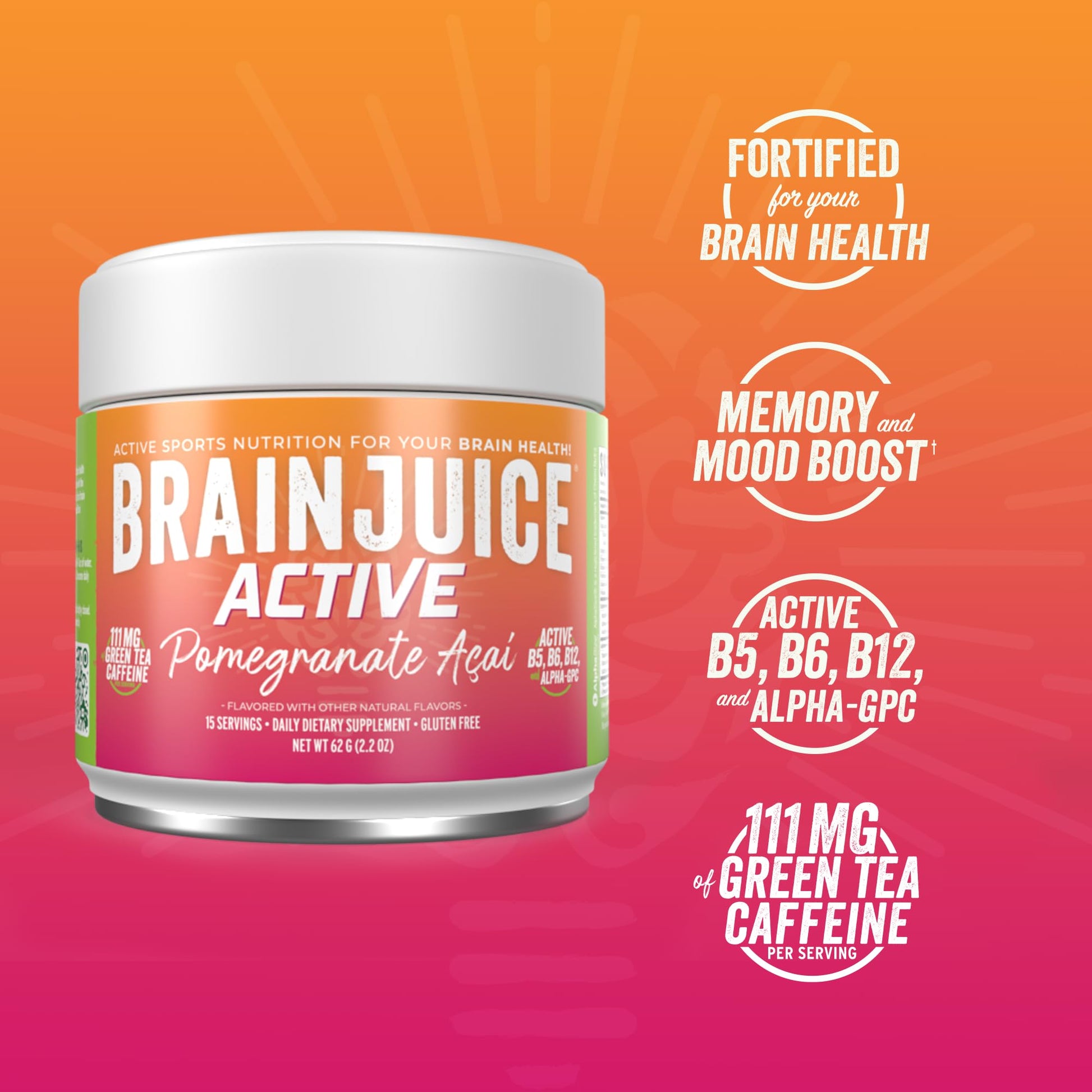 BrainJuice Nootropics Brain Support Supplement, Gluten Free Powder for Energy and Focus, Pre Workout w/Alpha GPC, Vitamin B & Organic Green Tea Extract Caffeine, Active Pomegranate Acai, 15 Servings BrainJuiceAu supplements