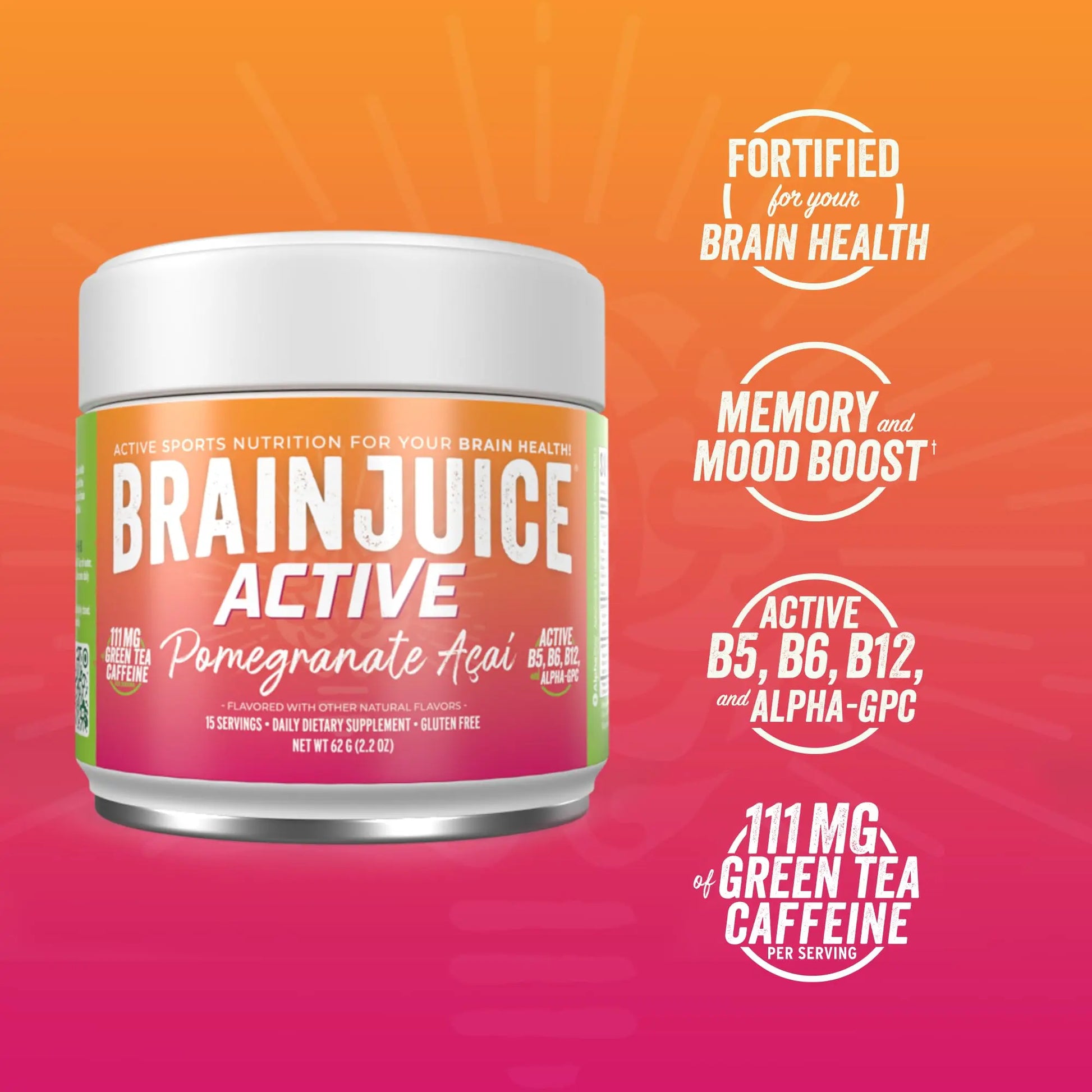 BrainJuice Nootropics Brain Support Supplement, Gluten Free Powder for Energy and Focus, Pre Workout w/Alpha GPC, Vitamin B & Organic Green Tea Extract Caffeine, Active Pomegranate Acai, 15 Servings BrainJuicenz supplements
