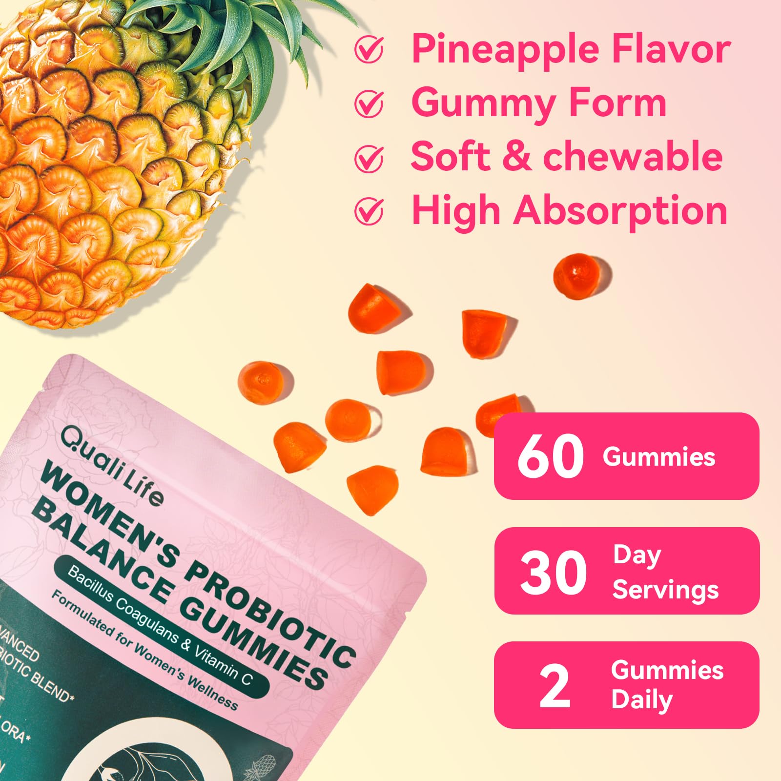 QualiLife Premium Feminine Balance Gummies for Women – Probiotic Vaginal Health Support with Vitamin C – pH Balance & Flora Support – Sugar Free, Vegan, Hawaiian Pineapple Flavor – 60 Gummies (1) QualiLifeAu supplements