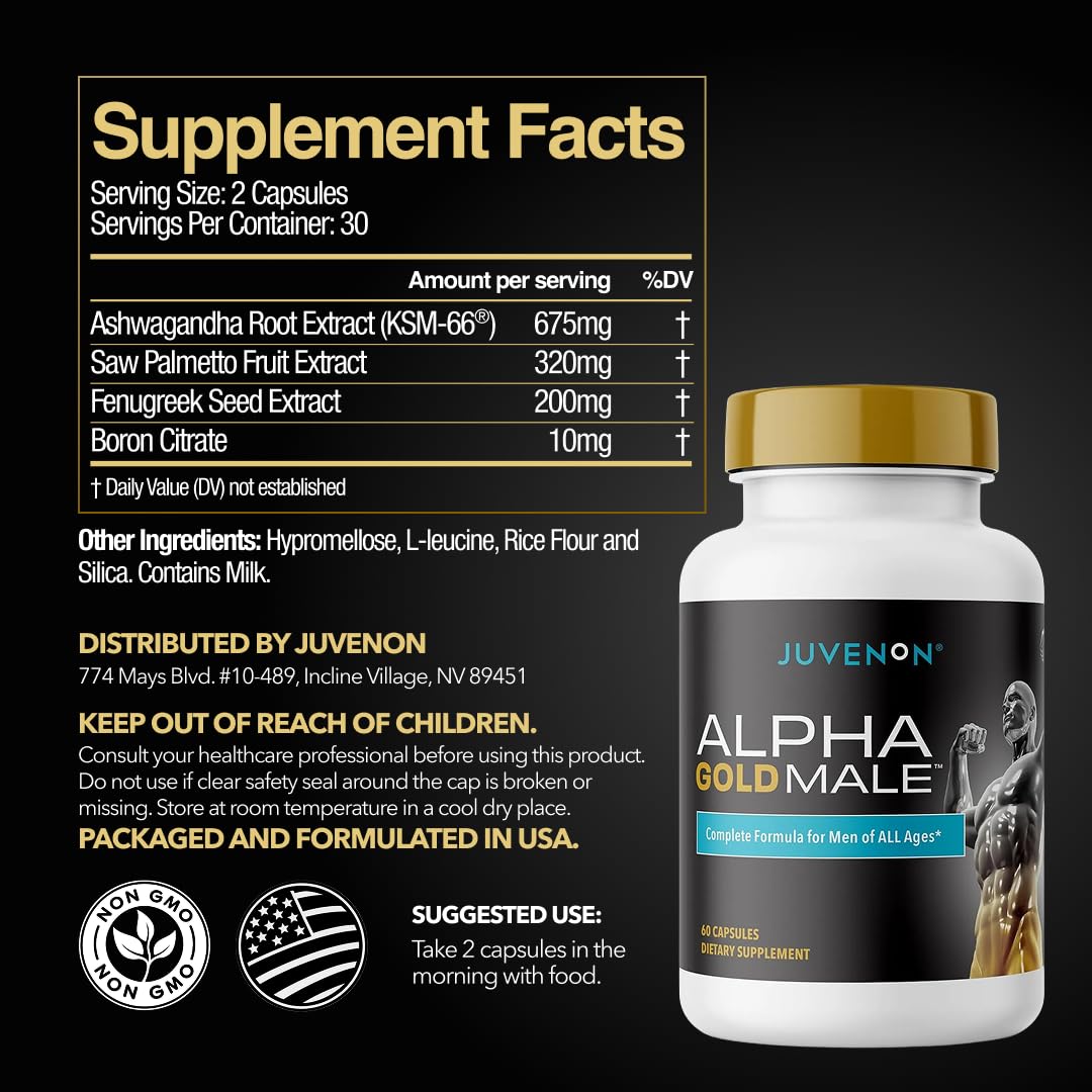 Juvenon Alpha Gold Male Testosterone Booster for Men - T-Support & Male Vitality with KSM-66 Ashwagandha + Fenugreek + Boron Citrate + Saw Palmetto, Non-GMO Vegetarian Capsules JuvenonAu supplements