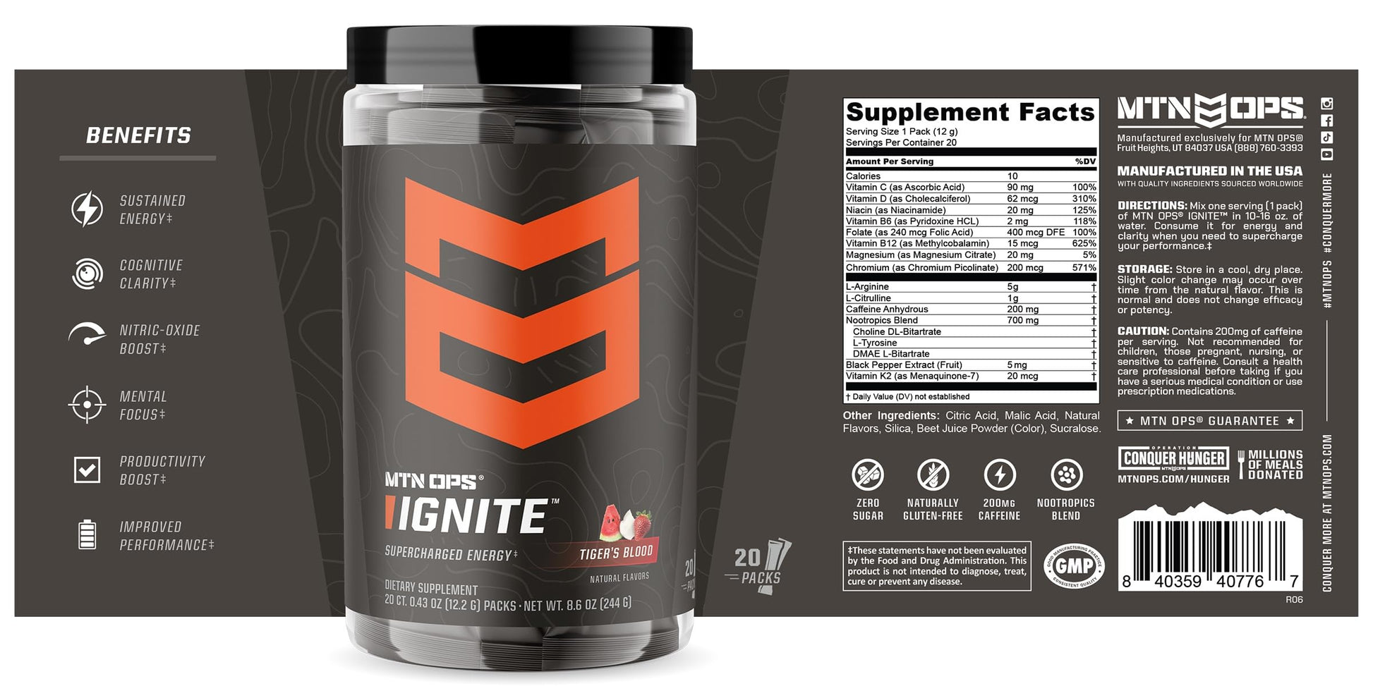MTN OPS Ignite Trail Packs Energy Drink Powder, Gluten Free Nootropic Supplement Drink Mix, L Arginine, L Citrulline, Caffeine & Nootropic Sugar Free Drink Mix, 20 Servings, Tiger's Blood MTN OPSAu supplements