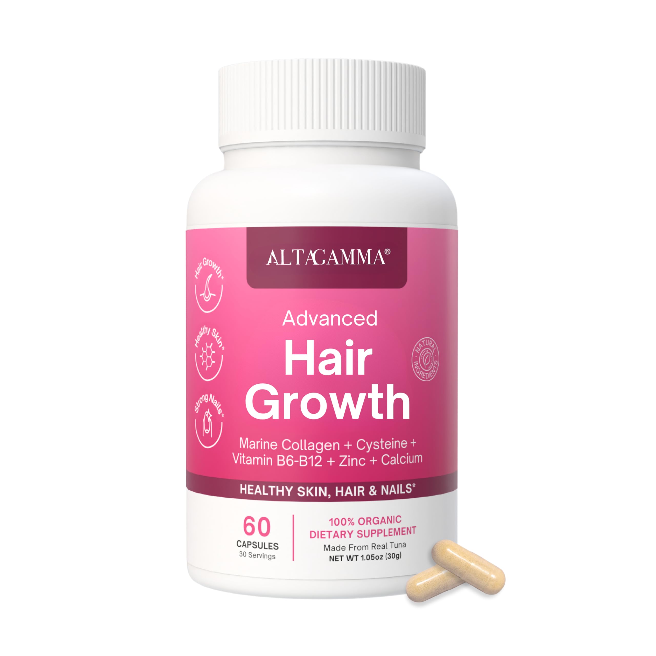 ALTAGAMMA Hair Growth Supplements - Nourishes Thinning, Strengthen Nails & Skin & Combat Hair Loss - Hair Growth Vitamins for Women & Men with Marine Collagen Peptides, 60 Capsules | 30 Day Supply ALTAGAMMAAu supplements