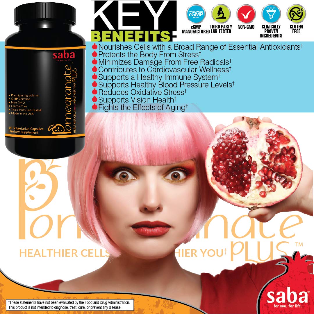 Saba Pomegranate Plus – Antioxidant Supplement with Astaxanthin & Adaptogens | Immune, Skin, Heart & Brain Support | Daily Stress & Cellular Wellness | 60 Capsules SabaAu supplements