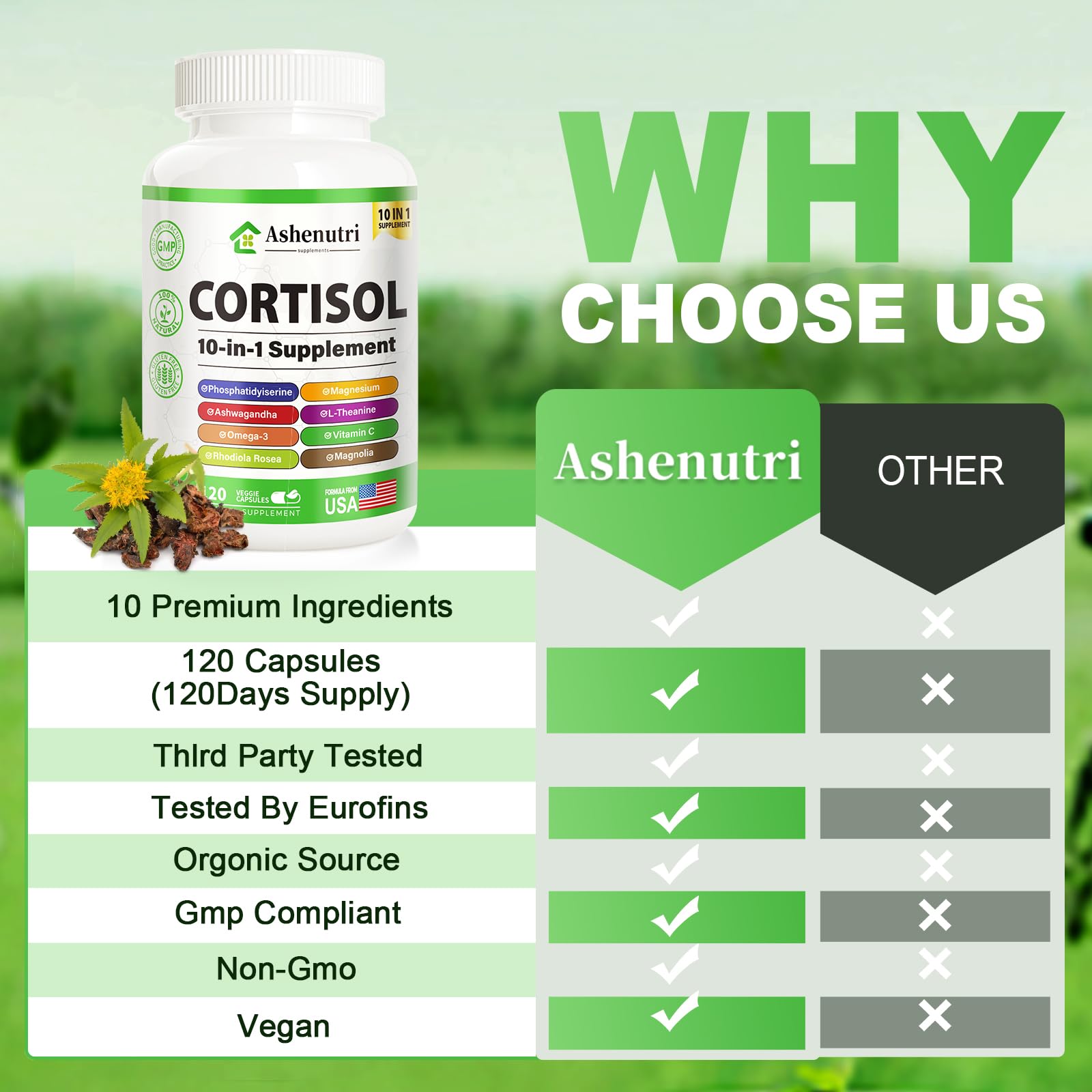 Ashenutri 10-in-1 Cortisol Supplement with Magnesium,Ashwagandha,Rhodiola Rosea,L Theanine,Hormone Balance for Women 120 Vegan Capsules AshenutriAu supplements