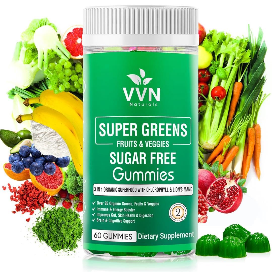 Sugar-Free Real Organic Fruits, Super Greens and Veggies Gummies | 35+ Nutritious & Healthy Greens, Fruits, and Vegetables for Improved Immunity, Skin Health & Energy Boost|60 Vegan Gummies VVN NaturalsAu supplements
