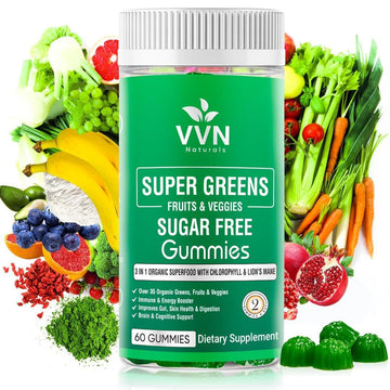 Sugar-Free Real Organic Fruits, Super Greens and Veggies Gummies | 35+ Nutritious & Healthy Greens, Fruits, and Vegetables for Improved Immunity, Skin Health & Energy Boost|60 Vegan Gummies VVN NaturalsAu supplements