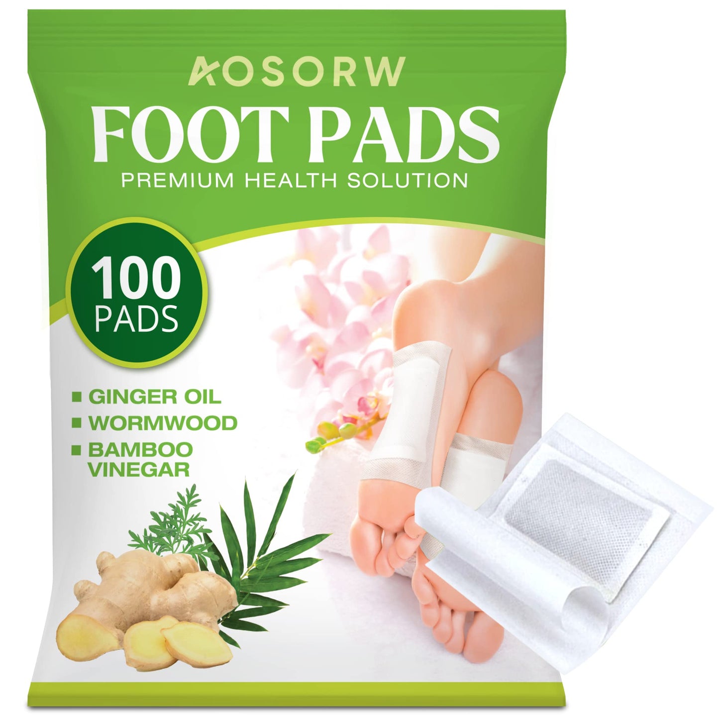AOSORW 100 Pack Foot Pads, Ginger Oil Bamboo Charcoal Foot Pads, Foot Care Patch AOSORWUS supplements