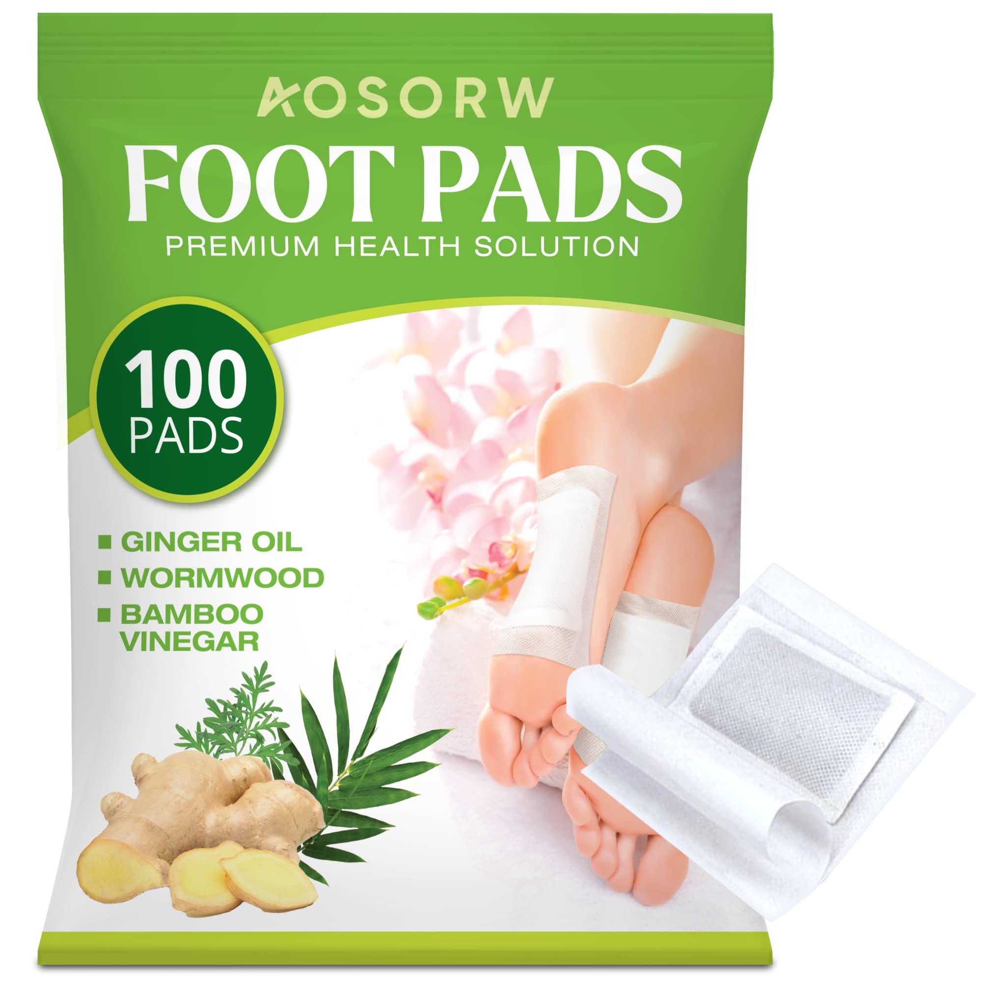 AOSORW 100 Pack Foot Pads, Ginger Oil Bamboo Charcoal Foot Pads, Foot Care Patch AOSORWAu supplements