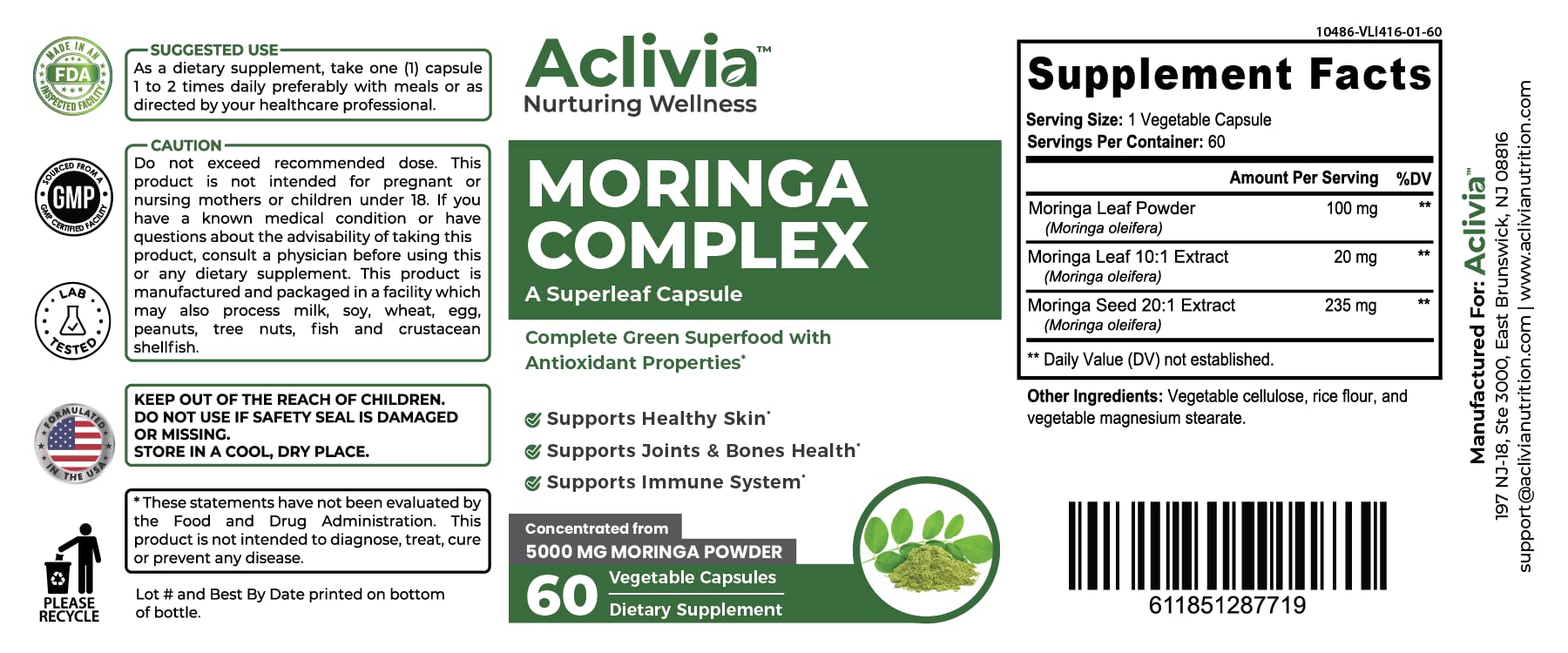 Aclivia - Moringa Complex - Maximum Strength Moringa Oleifera Leaf & Seed Supplement - Superfood Capsules with Antioxidant Properties - 5000mg - 60 Capsules AcliviaAu supplements