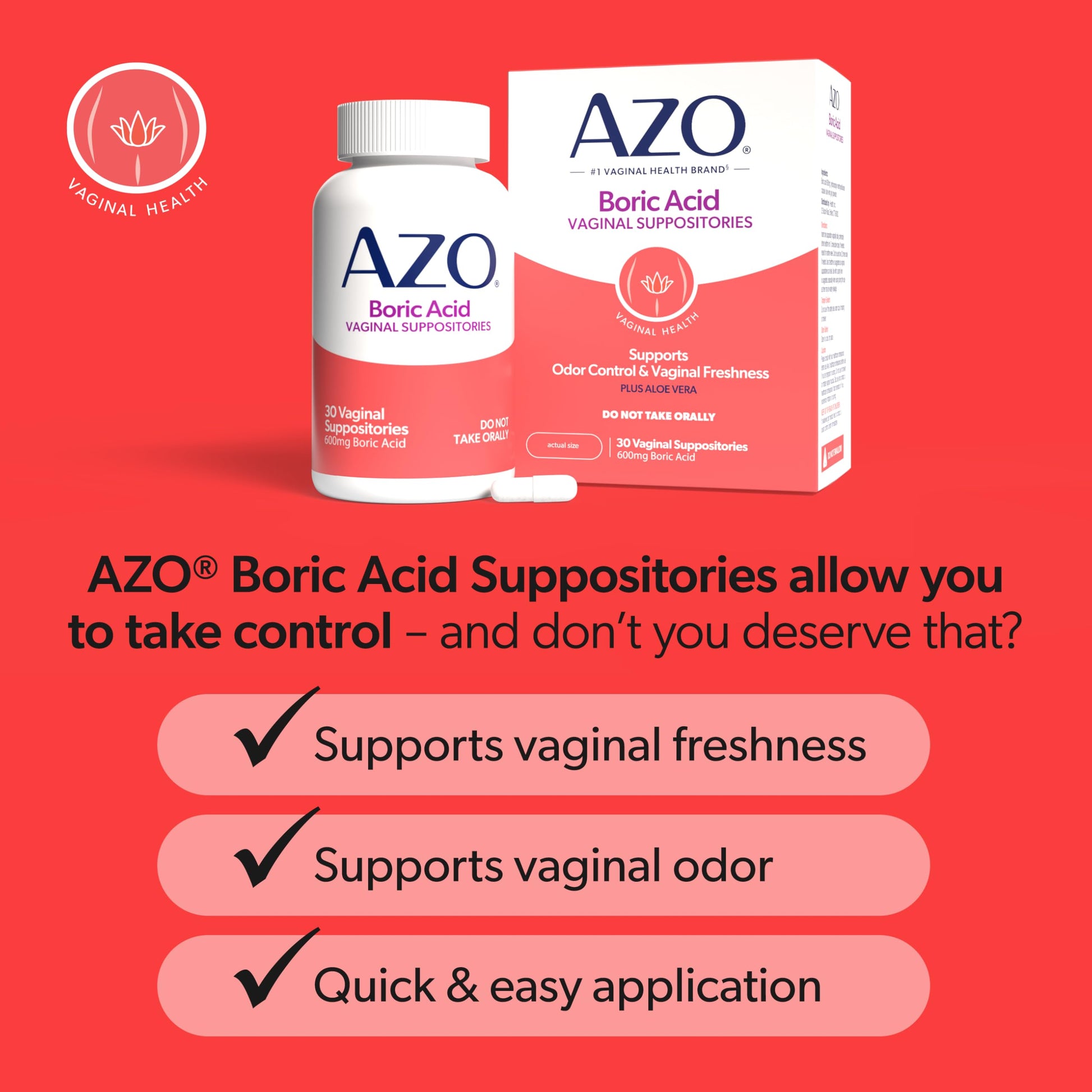 AZO® Boric Acid Vaginal Suppositories for Women, Helps Support Odor Control with Clinically Studied Boric Acid, Non-GMO, 30 Count AZOUS supplements