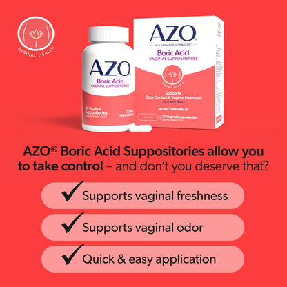 AZO® Boric Acid Vaginal Suppositories for Women, Helps Support Odor Control with Clinically Studied Boric Acid, Non-GMO, 30 Count AZOUS supplements