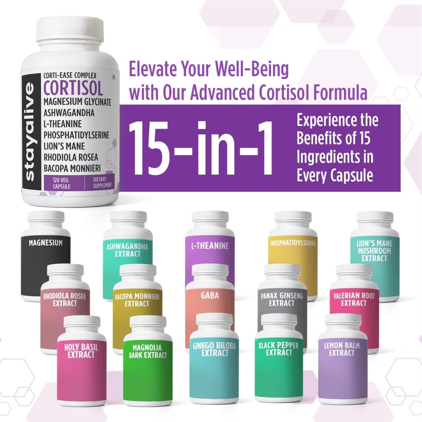 STAY ALIVE Cortisol Manager Supplement 15-in-1 Complex w/L-Theanine, Ashwagandha, Magnesium Glycinate, Phosphatidylserine and More, 120 Veg Capsules, Non-GMO & Gluten-Free Formula for Women and Men STAY ALIVEAu supplements
