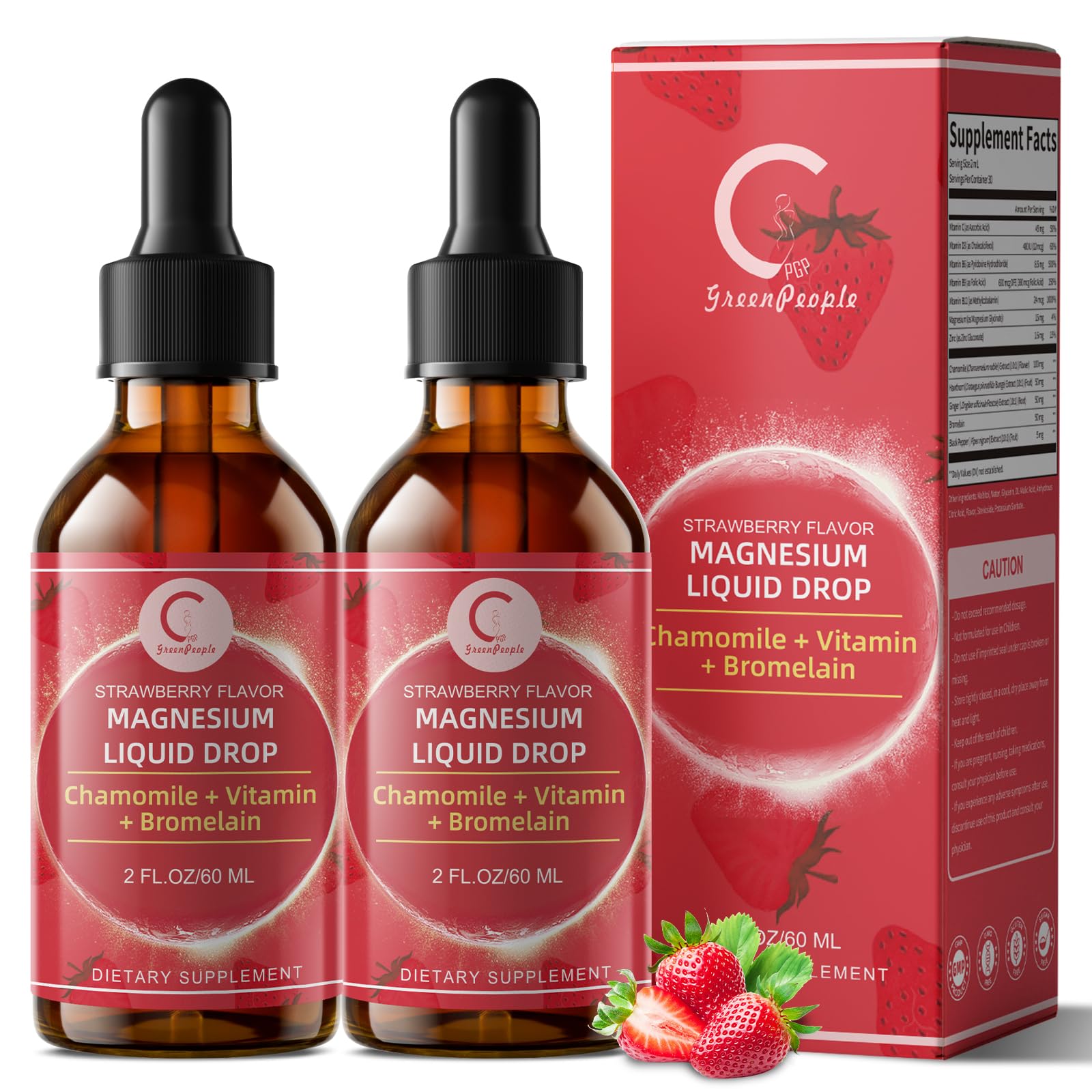 (2 Pack) Magnesium Glycinate Liquid with Chamomile, Hawthorn & Ginger for Stress Relief and Digestive Comfort, Fast Absorption, Non-GMO, Vegan Formula, Sugar Free, Strawberry Flavor, 4 Fl OZ GPGP GreenPeopleAu supplements