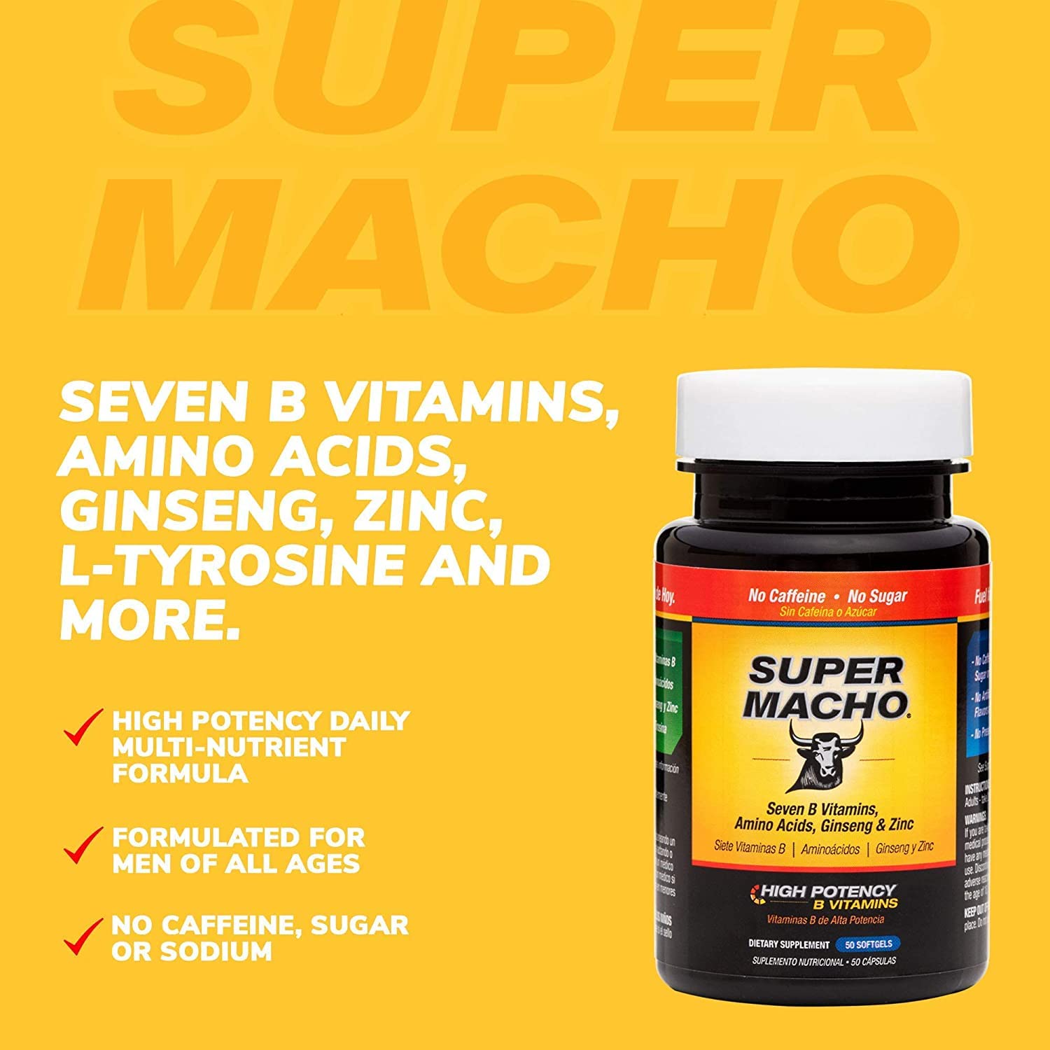 Super Macho Dietary Supplement with High Potency Zinc & 7 B Vitamins, No Preservatives, Sugar or Caffeine, Made in USA, 50 Softgels (3 Pack) Super MachoAu supplements