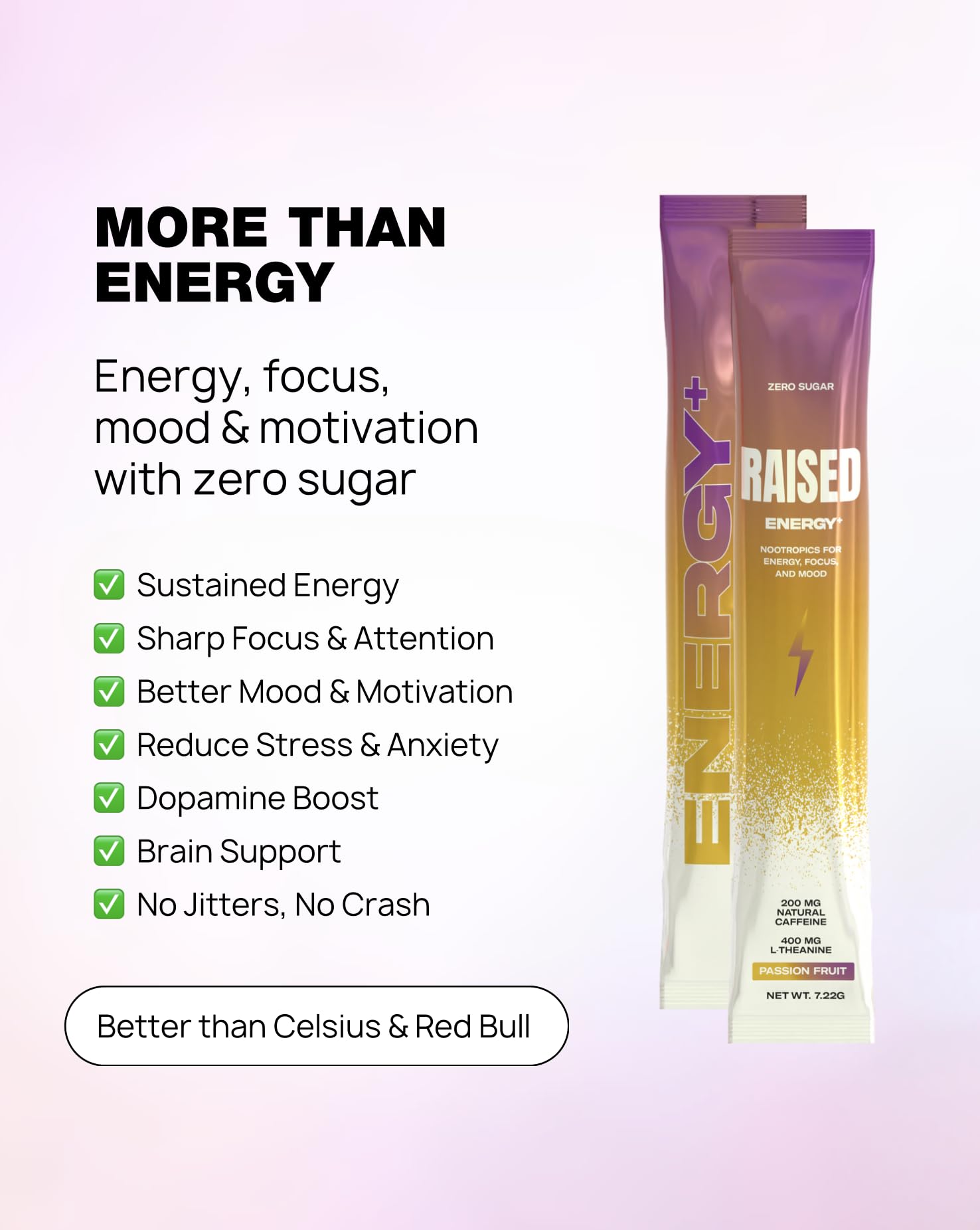 Raised Energy+ Nootropic Drink Mix | 200mg Natural Caffeine + L-Theanine | Zero Sugar | Clean Energy Powder for Focus, Mood & Motivation | 15 Stick Packs | Passion Fruit Flavor RaisedAu supplements