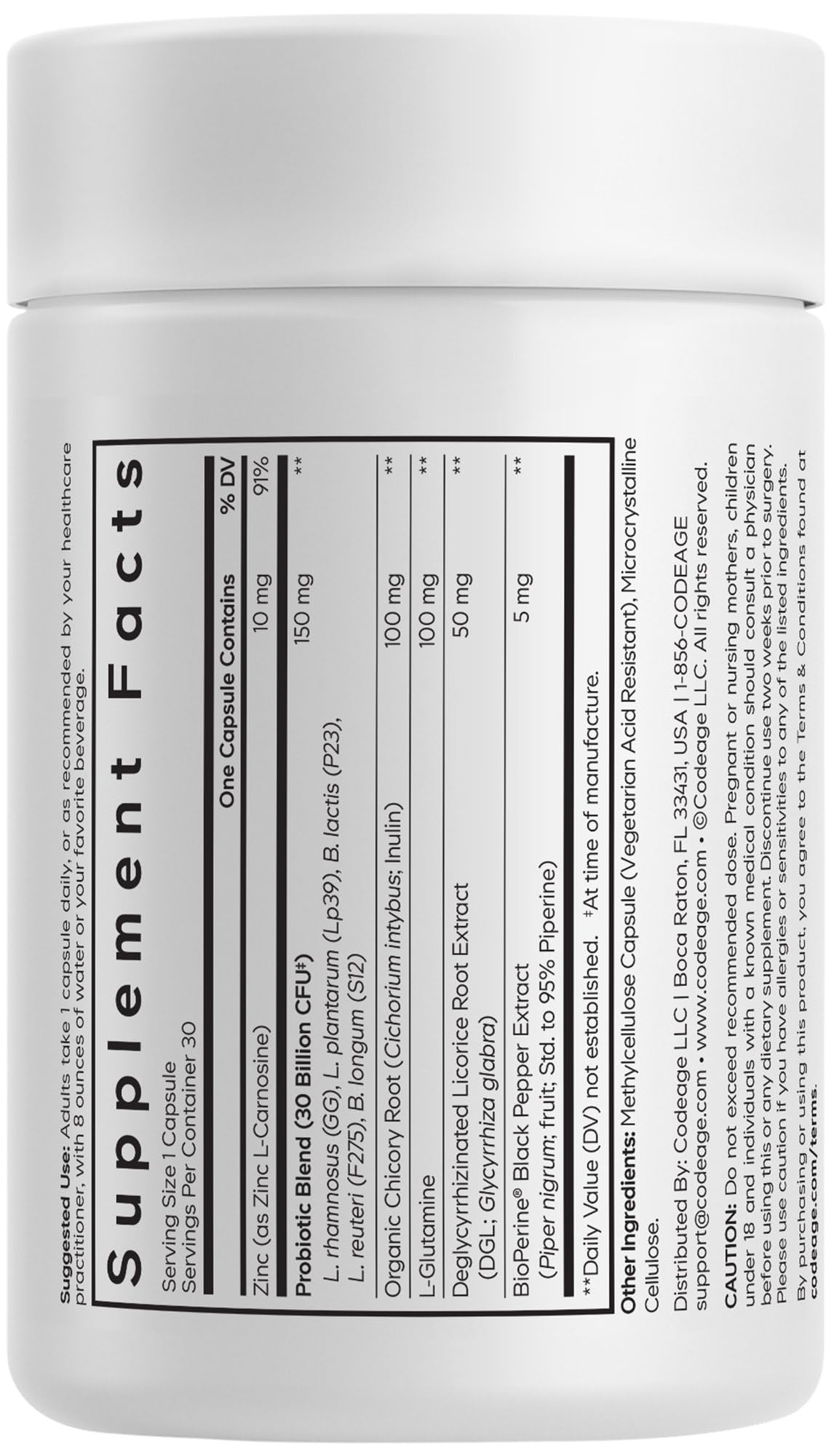 Codeage Daily Synbiotic Supplement - Prebiotics, Lactobacillus & Bifidobacterium Probiotics, L-Glutamine, Zinc L-Carnosine, DGL, Synbiotic Probiotic, BioPerine - Shelf-Stable - 30 Capsules CodeageAu supplements