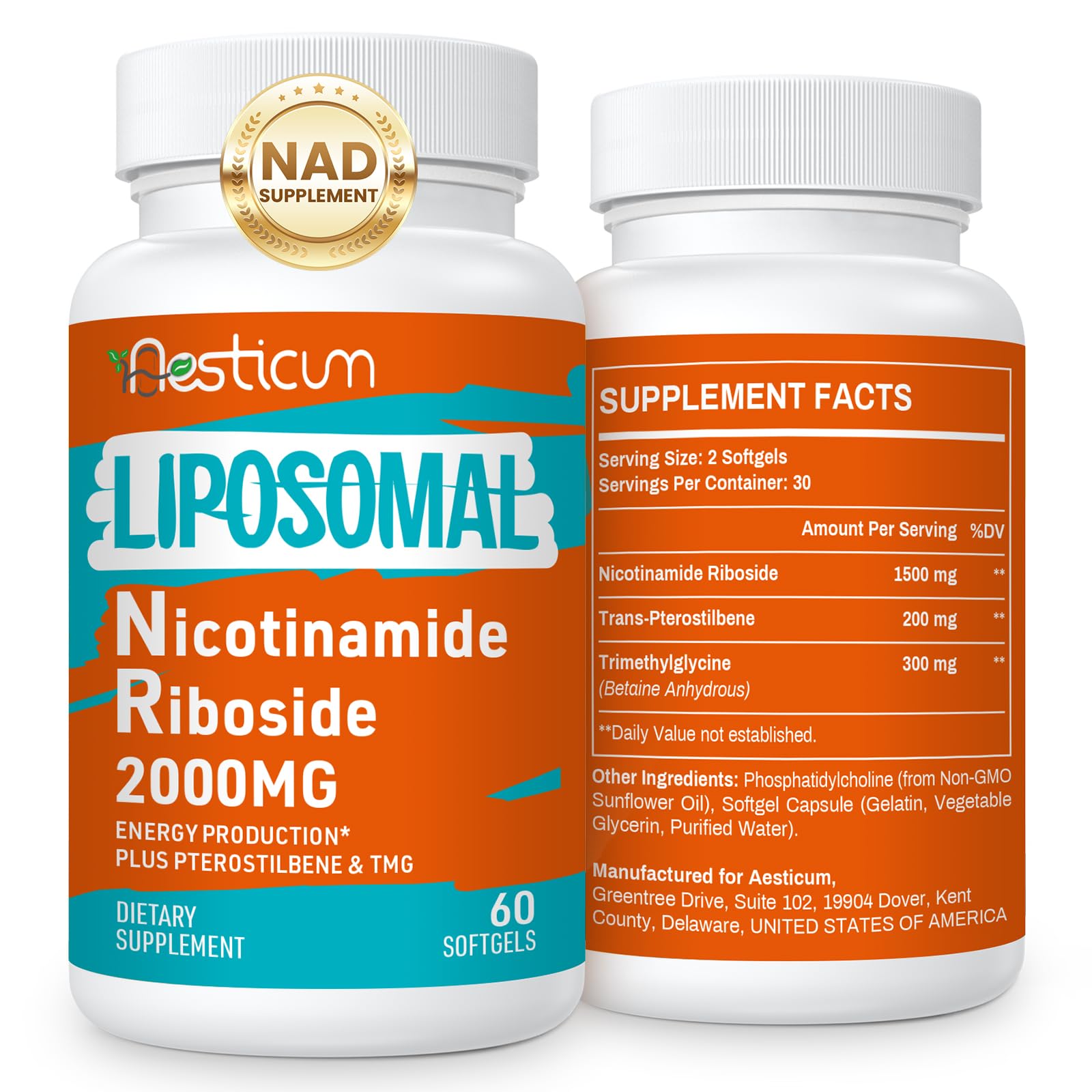 Aesticum 2000 MG Nicotinamide Riboside, NMNH Supplement Alternative, Liposomal Nicotinamide Riboside Supplement with TMG & Pterostilbene - NAD*, Energy, Focus, Immunity, Age Resist - 120 Softgels AesticumAu supplements
