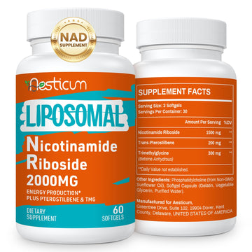 Aesticum 2000 MG Nicotinamide Riboside, NMNH Supplement Alternative, Liposomal Nicotinamide Riboside Supplement with TMG & Pterostilbene - NAD*, Energy, Focus, Immunity, Age Resist - 120 Softgels AesticumAu supplements