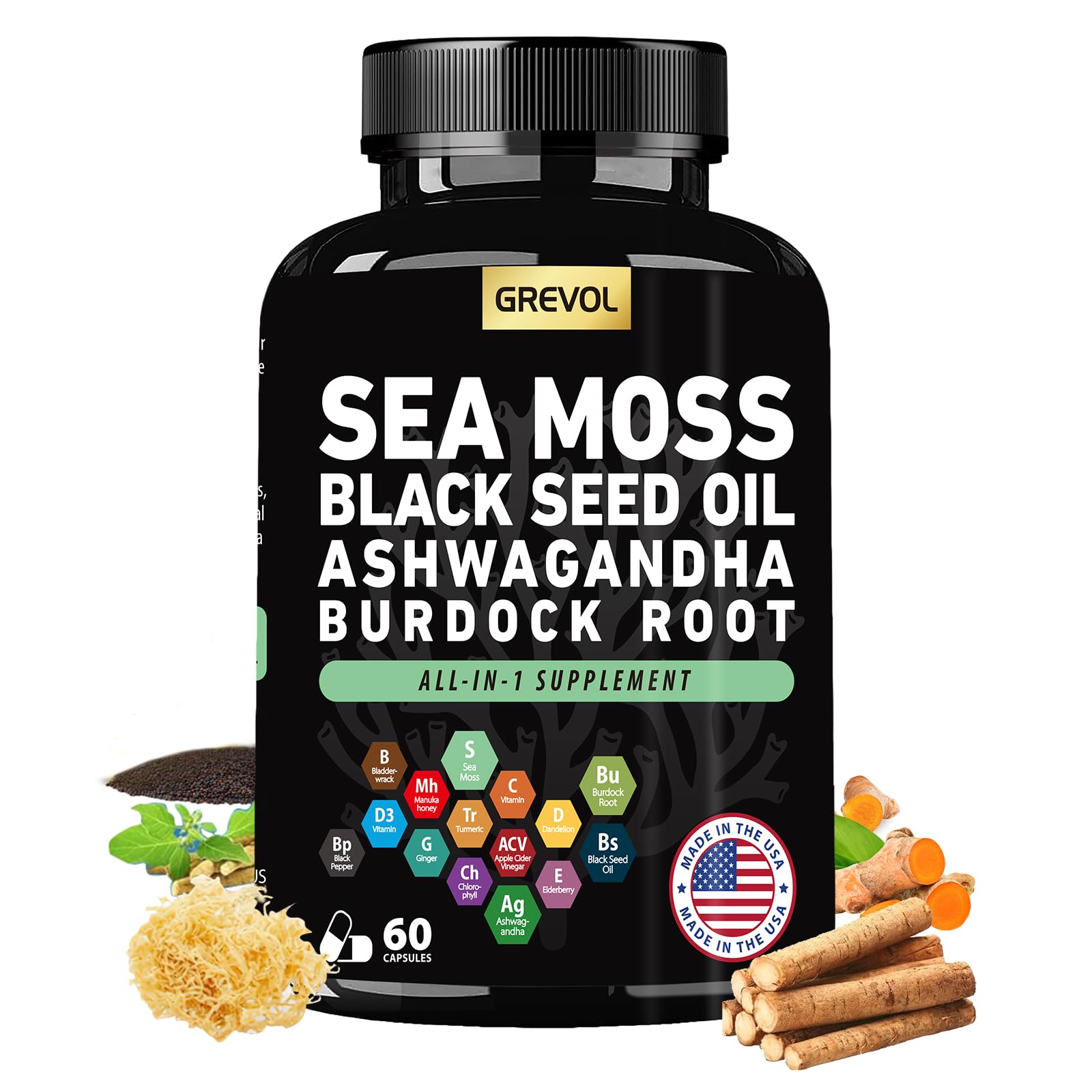 Sea Moss Black Seed Oil Ashwagandha Bladderwrack Burdock Root Turmeric & Vitamin C D3 Elderberry ACV Black Pepper - Multimineral Supplement - 60 Count GrevolAu supplements