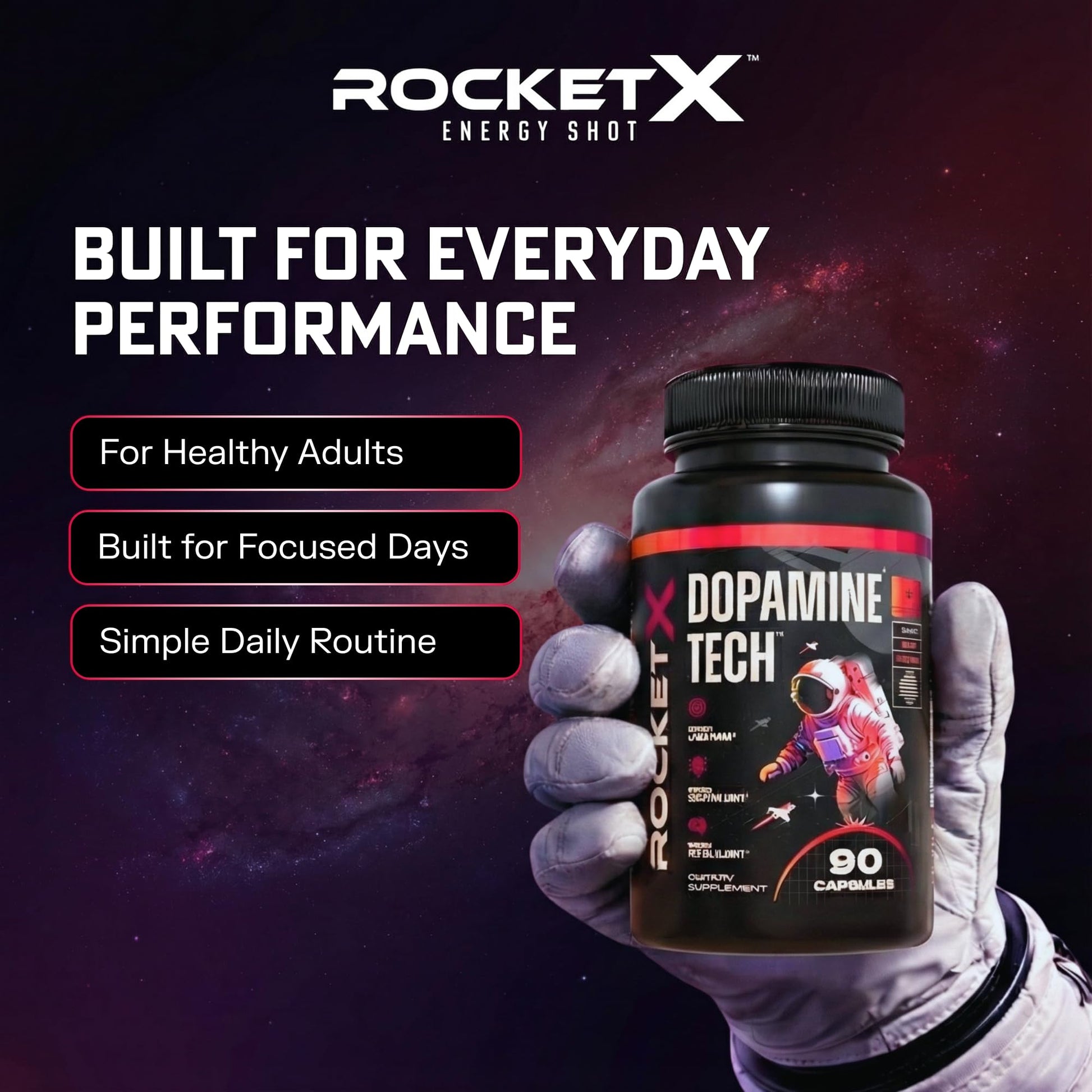 RocketX Dopamine Tech Brain Food Supplement, with L-Tyrosine and B Vitamins for Focus, Mental Clarity and Cognitive Drive, Vegan Capsules, 90 Capsules RocketX EnergyAu supplements