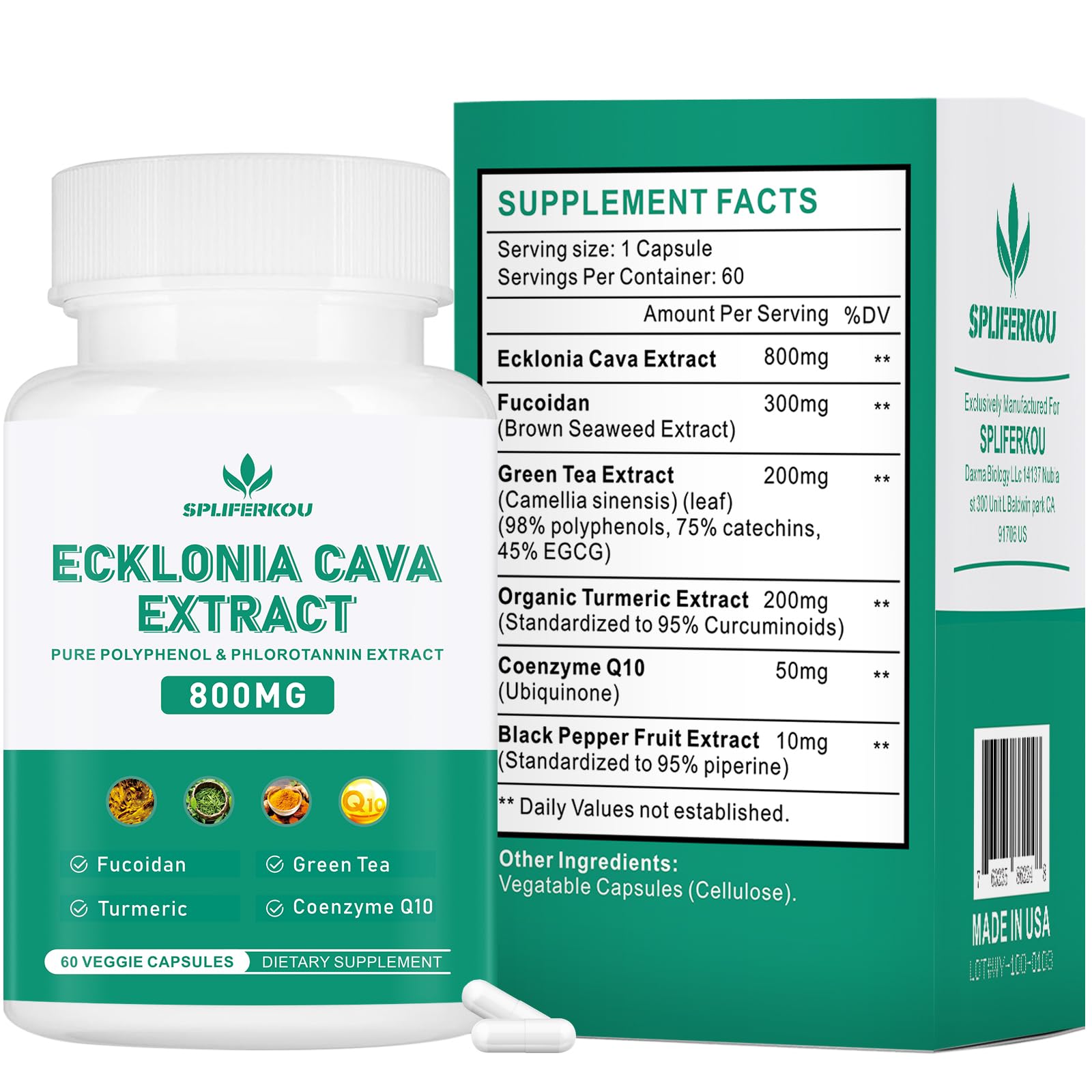 Spliferikou Ecklonia Cava Extract, 800mg, 60 Veggie Capsules with Fucoidan, Green Tea, Turmeric, CoQ10, Dietary Supplement SpliferkouAu supplements